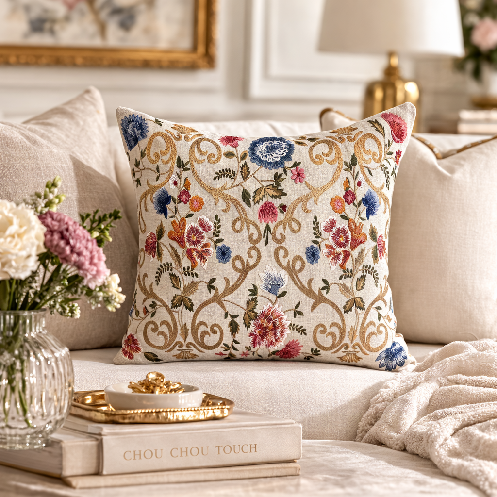 Embroidered floral linen throw pillow cover with gold vine pattern styled on a cream sofa in an elegant living room setting