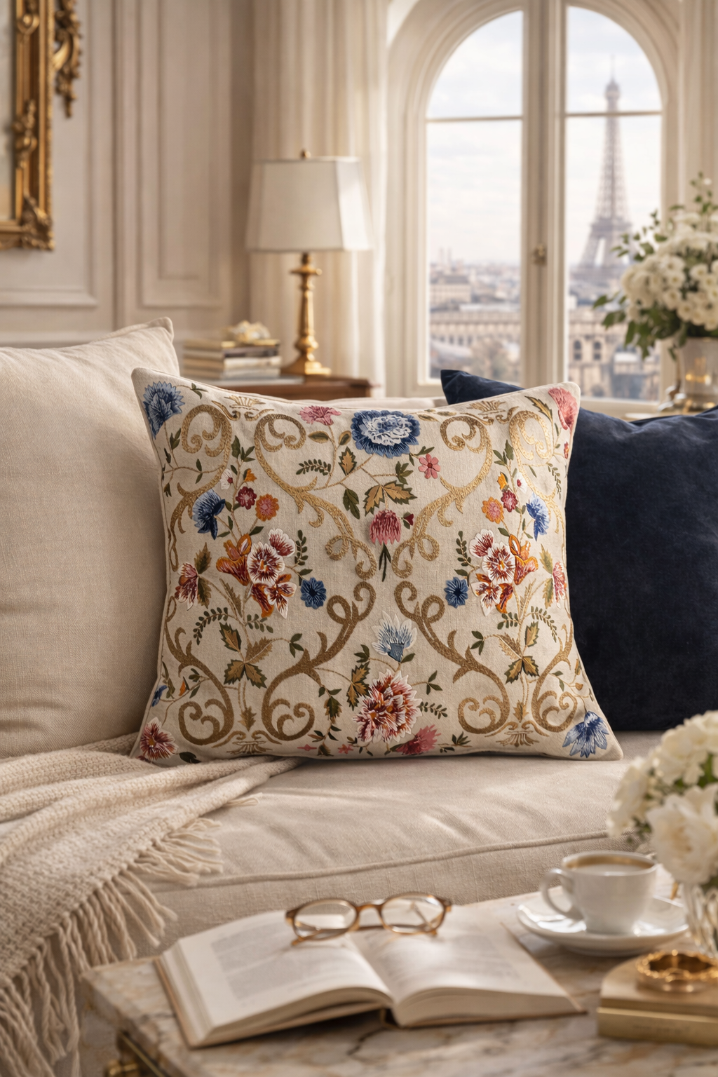 Hand embroidered floral linen pillow cover on a cream sofa in a Paris style living room .