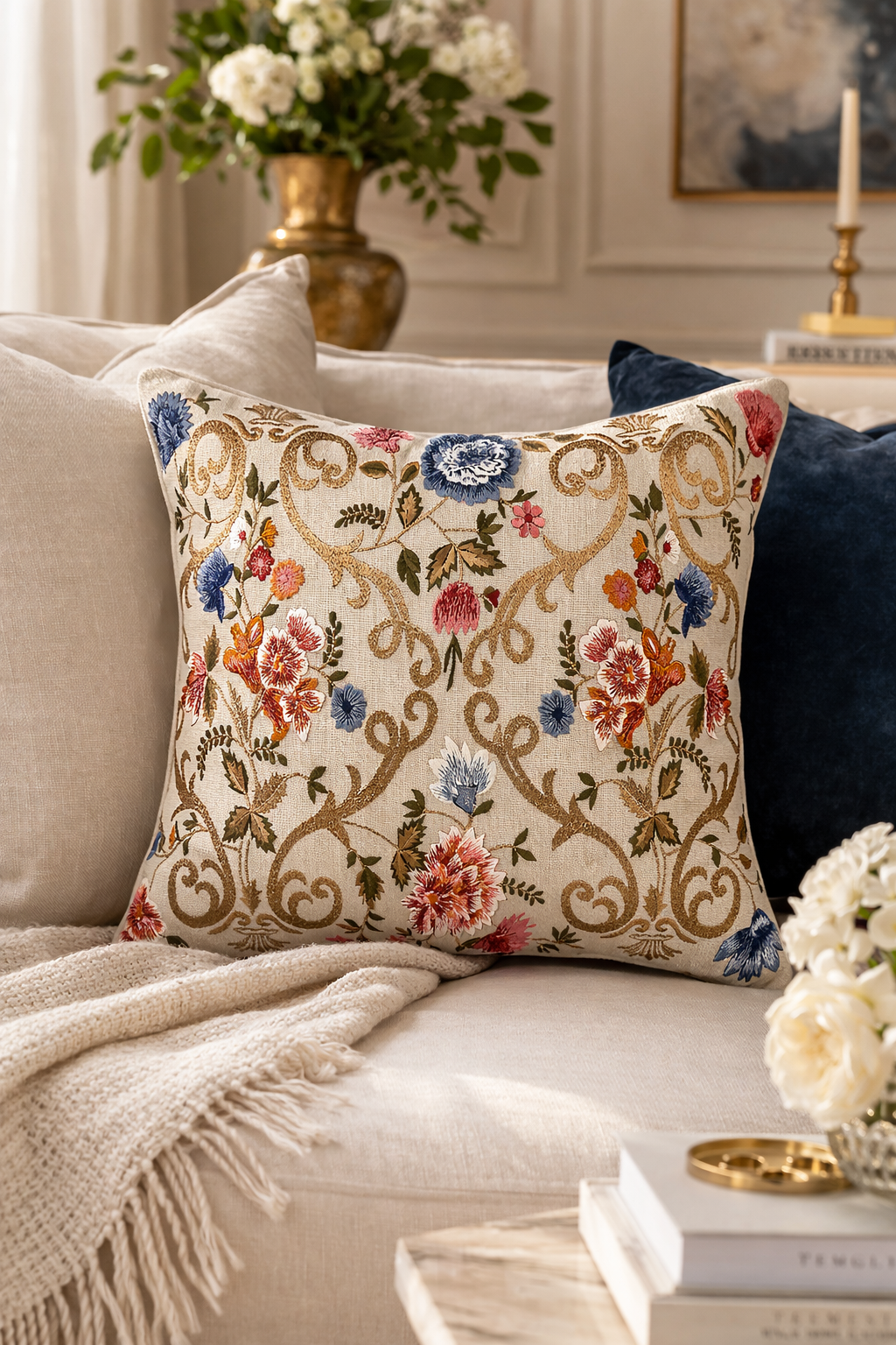 Hand embroidered floral linen pillow cover with gold vine patter styled on a beige sofa in a luxury living room