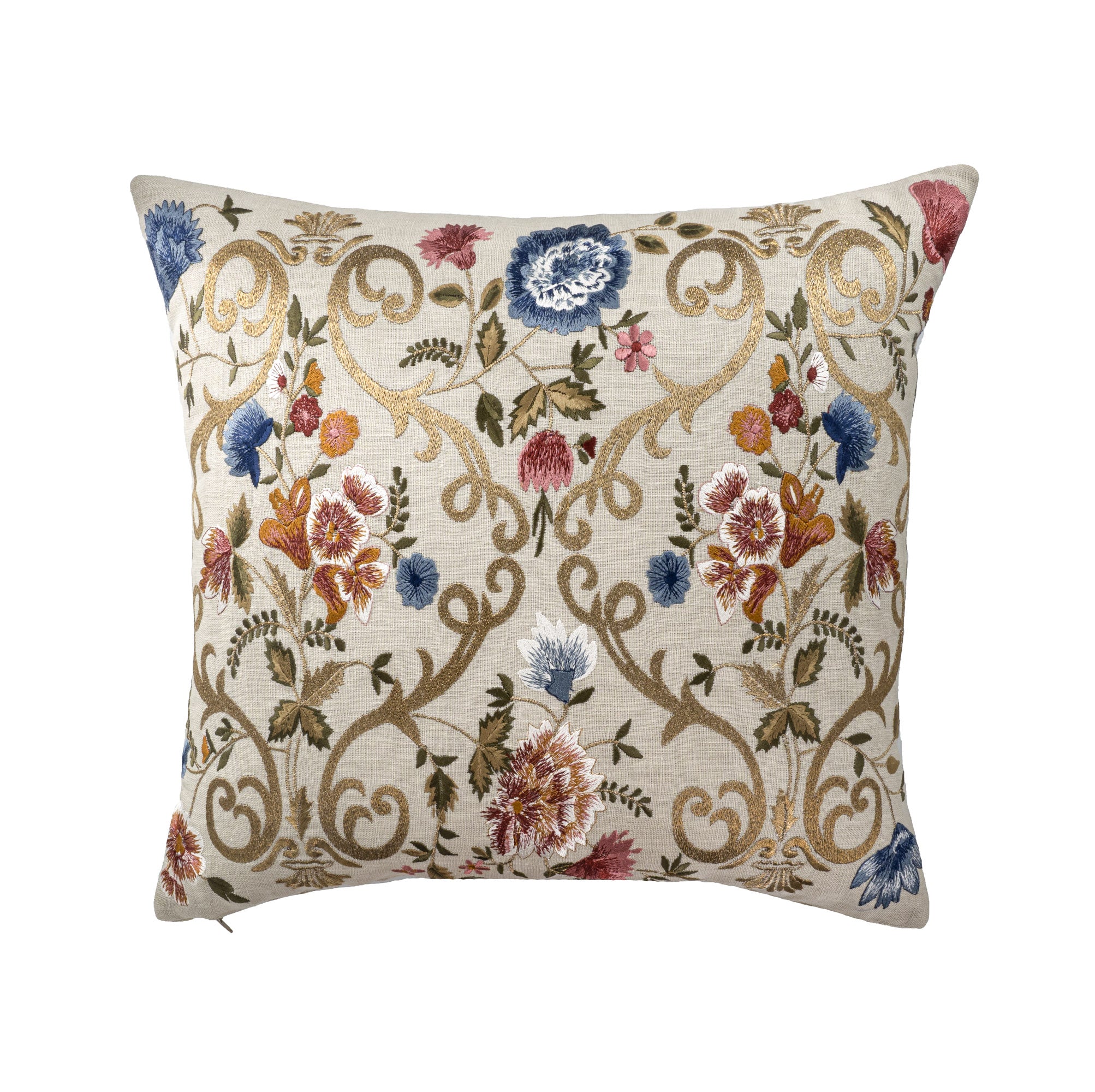 Hand-embroidered floral pillow cover with colorful floral embroidery and silk and gold vine pattern on natural linen fabric by ChouChou Touch.