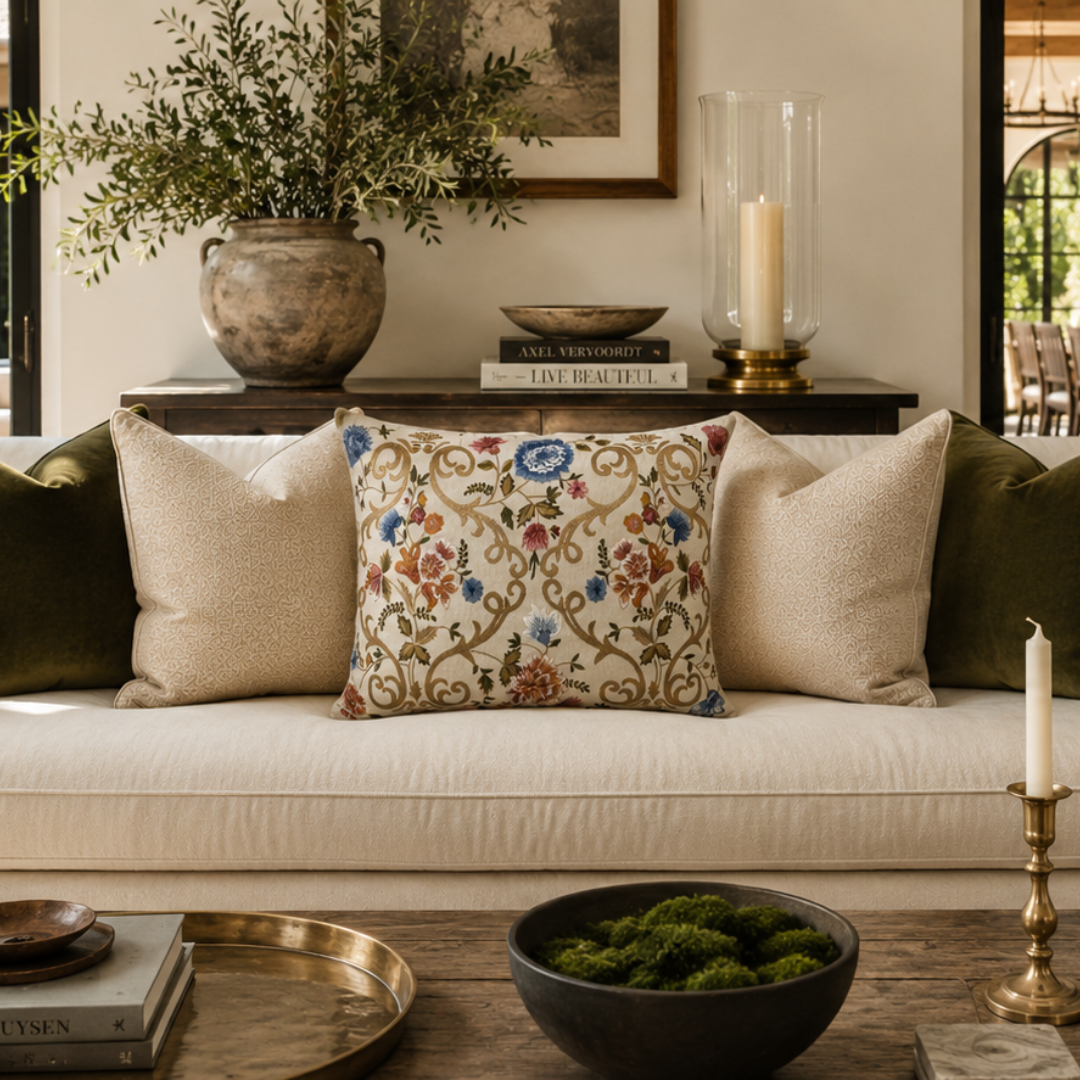 Handmade embroidered floral lumbar pillow on a neutral sofa with velvet accent pillows, luxury living room styling, and timeless European home decor.