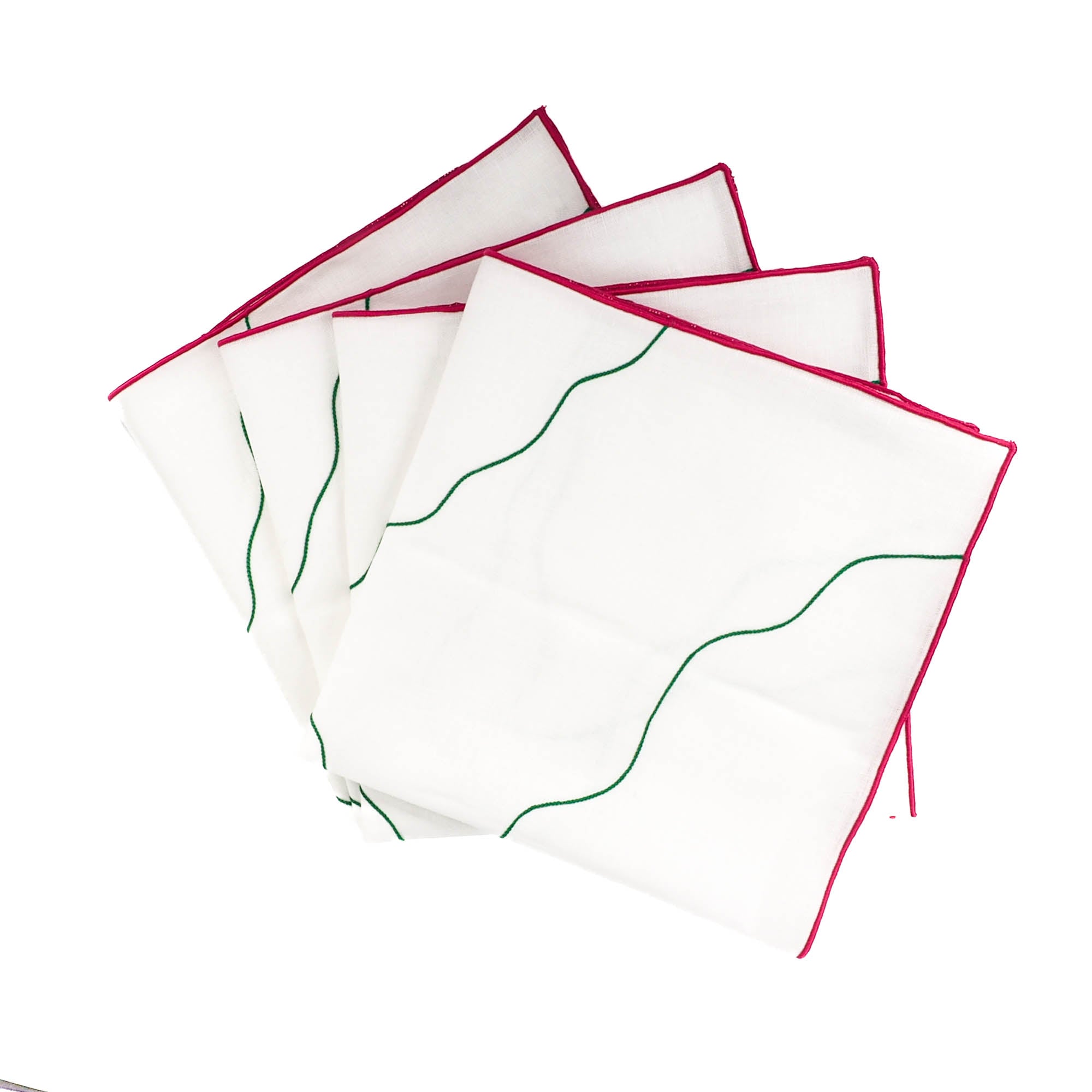 Set of 4 handcrafted Chicago Linen Napkins with red satin stitch edges, adding timeless elegance to your table.