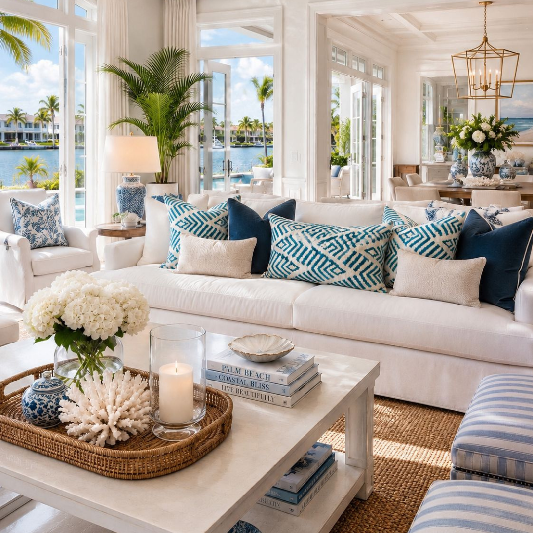 Luxury coastal living room featuring handmade blue silk velvet ikat throw pillows on a white sofa, showcasing aqua blue geometric patterns in an elegant beach house interior.
