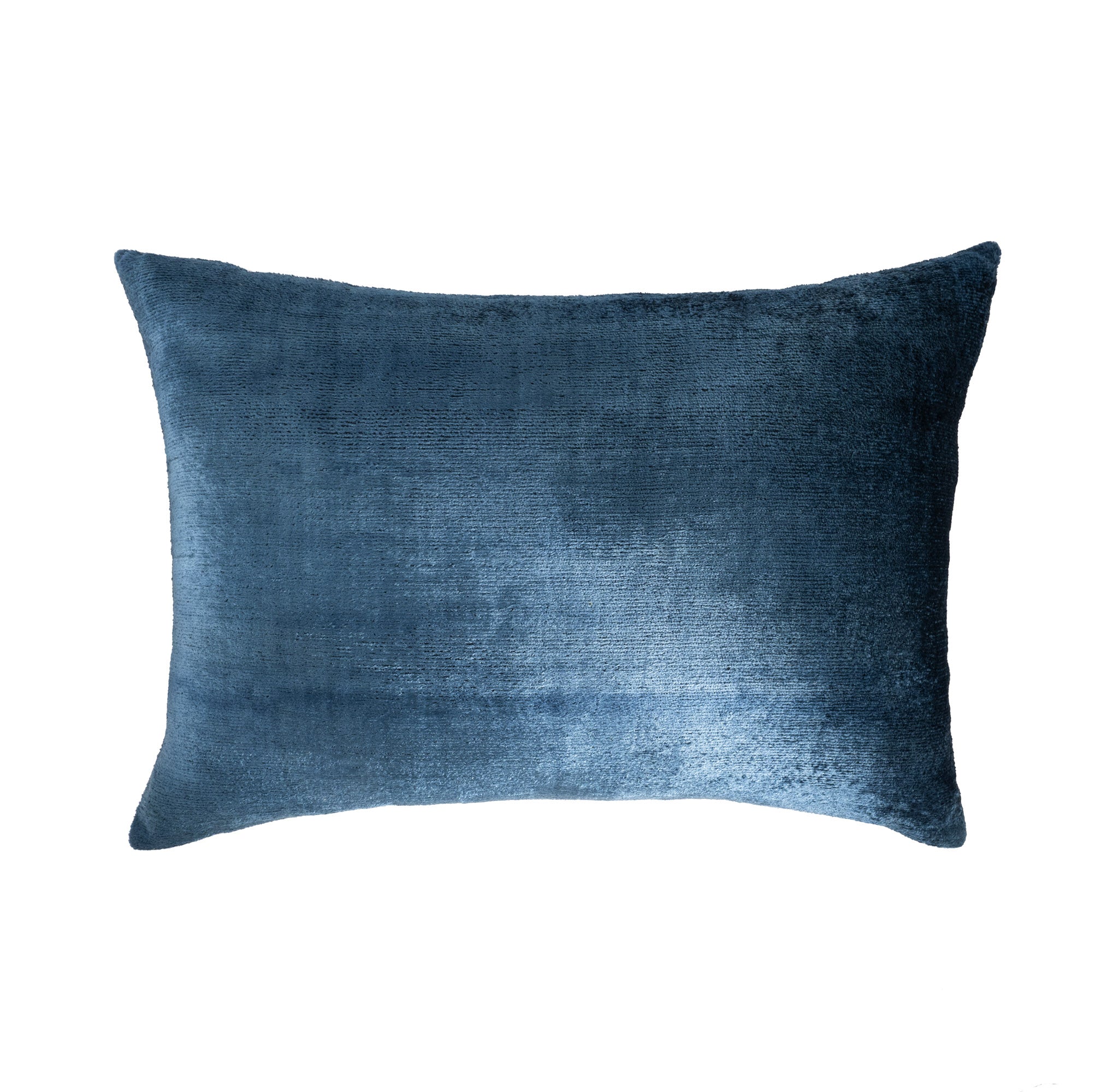 Coastal blue silk velvet throw pillow on a white background
