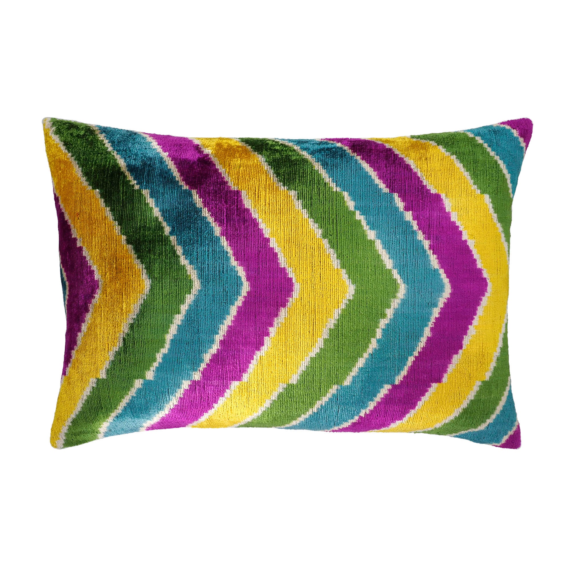 Chouchou Touch Copacabana Silk Velvet Ikat Pillow Cover, 16 x 24, combining traditional silk weaving with modern design for a plush, stylish, and colorful accent.