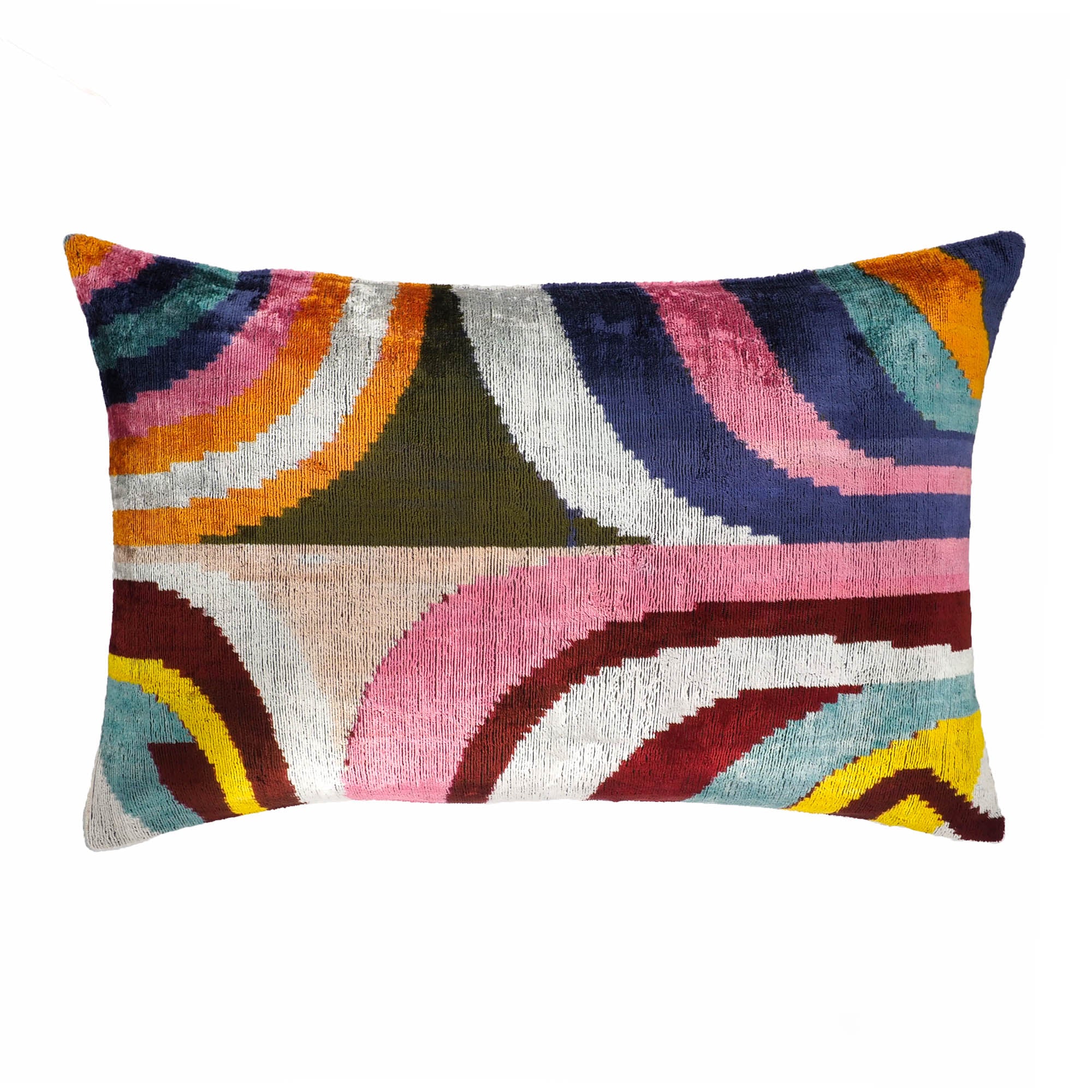 Chouchou Touch Dandy Silk Velvet Ikat Pillow, 16 x 24, featuring traditional Ikat weaving in high-quality silk velvet for a luxurious, colorful statement piece.