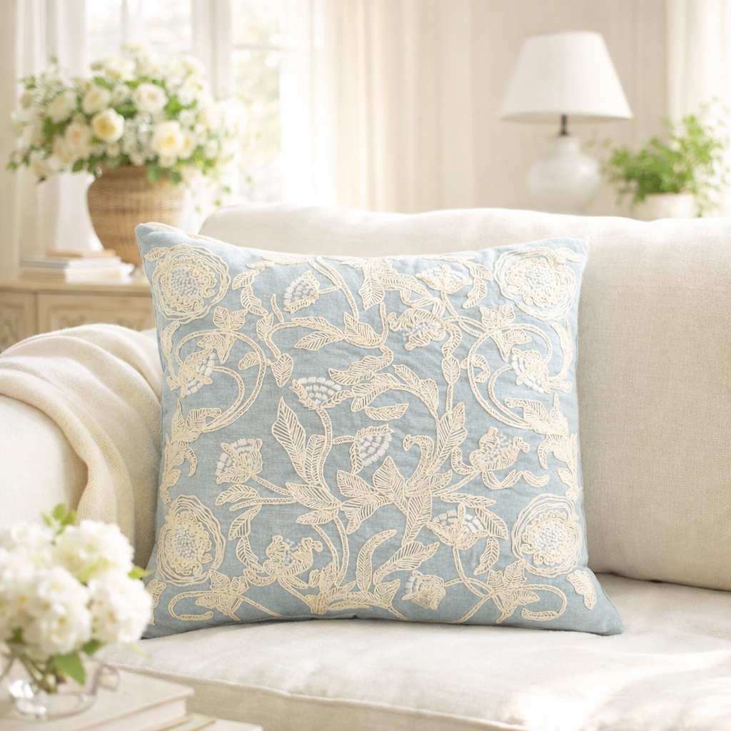 Hand embroidered light blue linen throw pillow with white floral embroidery, luxury decorative accent pillow by ChouChou Touch