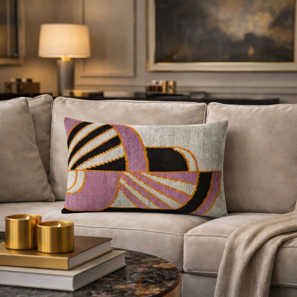 geometric embroidered silk velvet throw pillow cover 16x24 styled on a beige sofa in an elegant living room with marble coffee table and gold accents