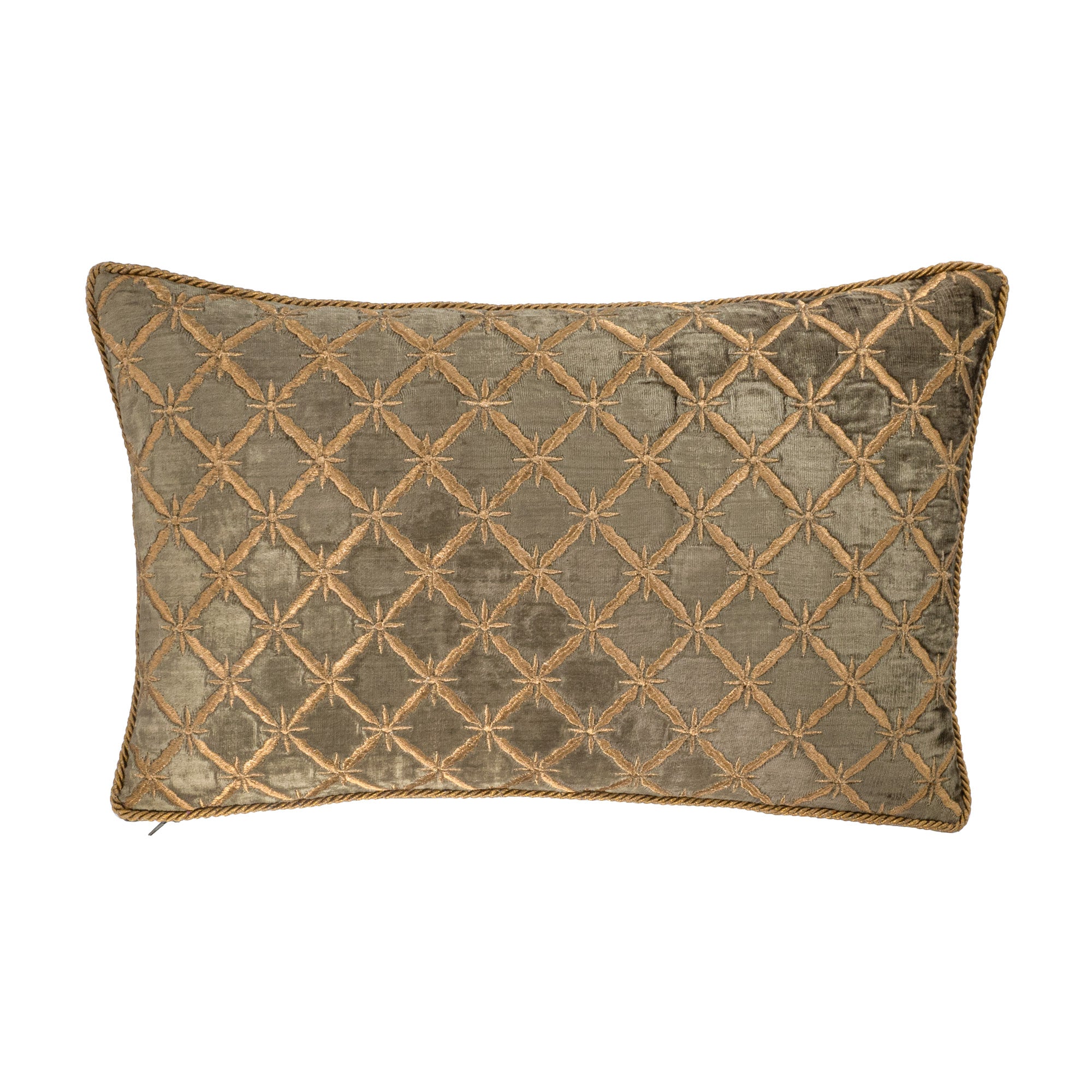 Handcrafted olive green silk throw pillow cover featuring gold diamond embroidery pattern and fine artisanal stitching by ChouChou Touch