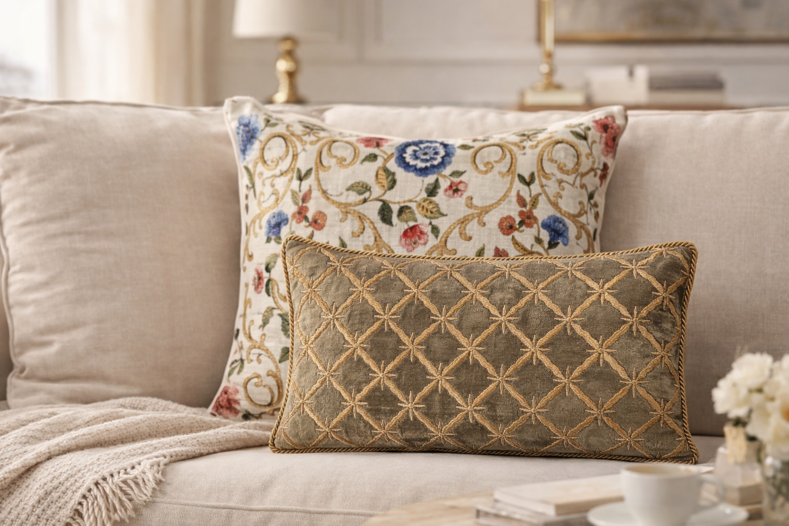 Decorative green velvet lumbar pillow with gold geometric embroidery on a neutral sofa in an elegant living room setting.