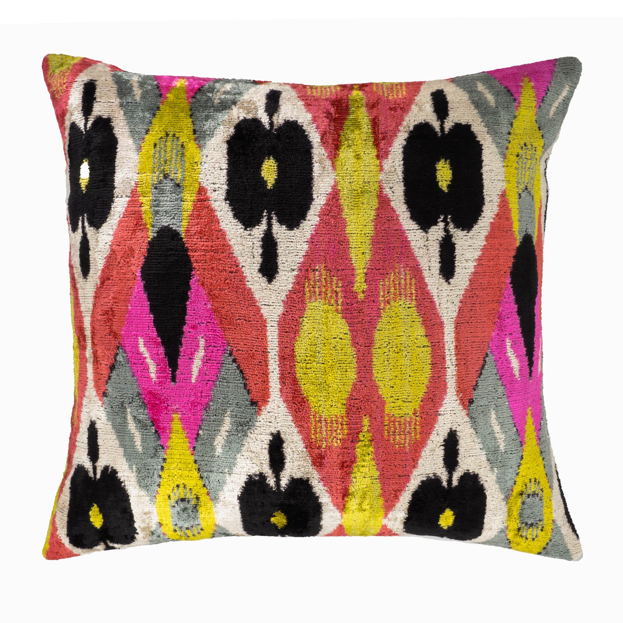 Handcrafted silk velvet Euphora Ikat pillow cover, perfect for enhancing living spaces with bold and intricate designs.
