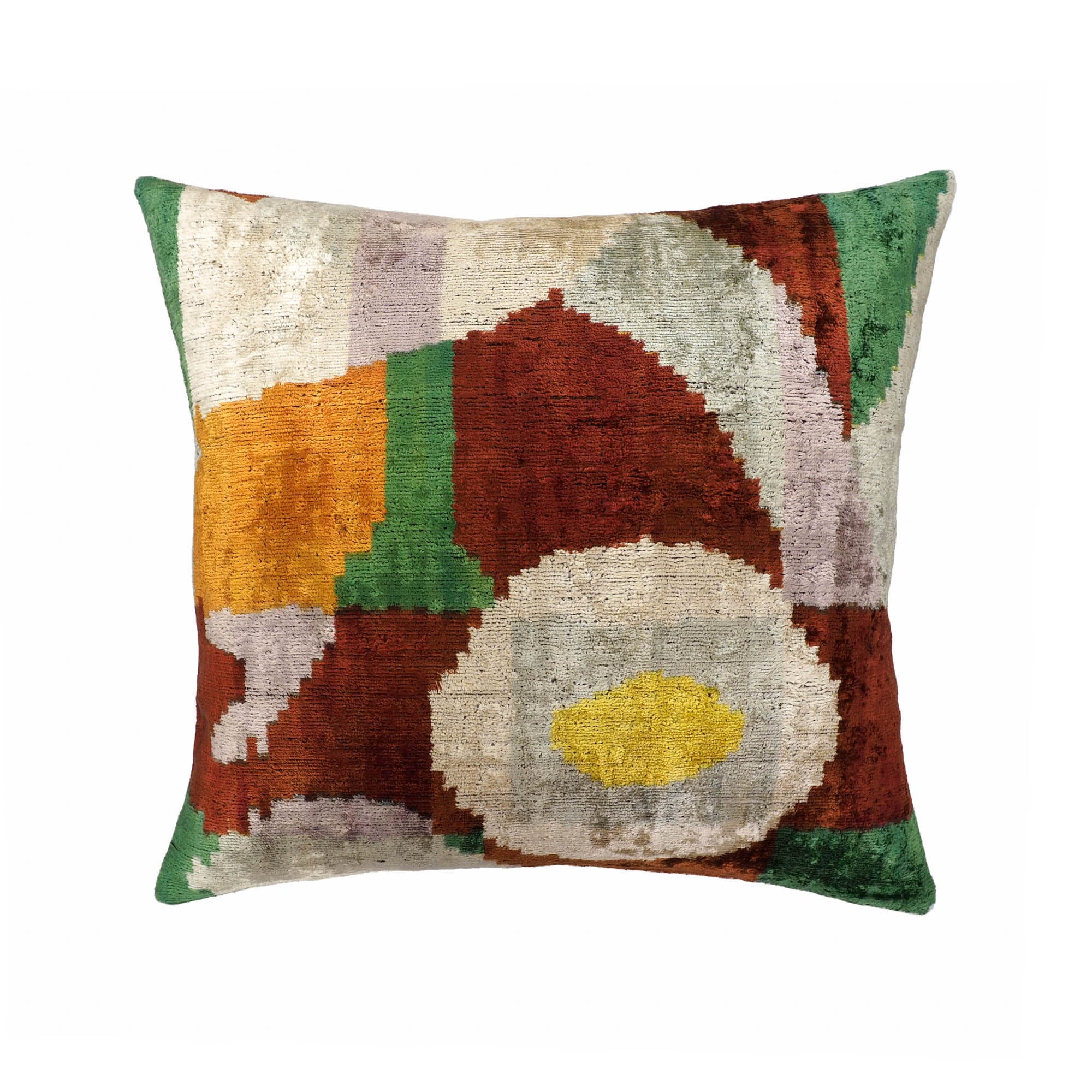 Chouchou Touch Everglades Silk Velvet Ikat Pillow Cover, 20 x 20, crafted from luxurious silk velvet with vibrant Ikat patterns, perfect for a refined living room.