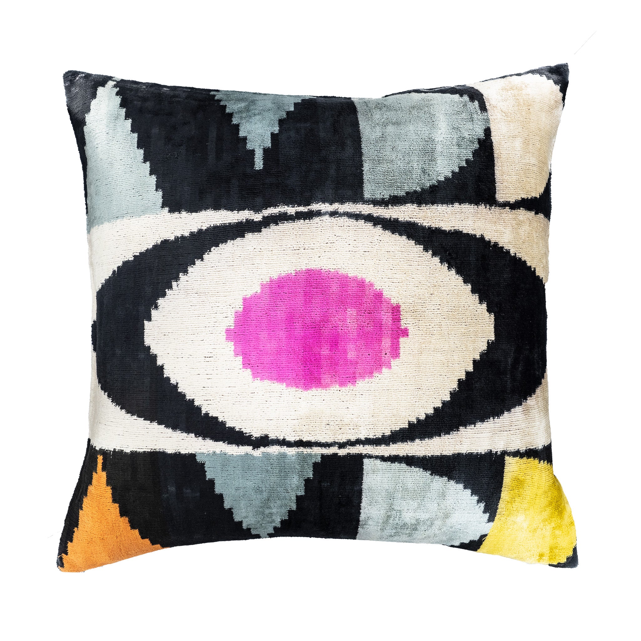 Chouchou Touch Eye of Ra Silk Velvet Ikat Throw Pillow Cover 24" x 24", handwoven with 100% pure silk and traditional Ikat patterns.