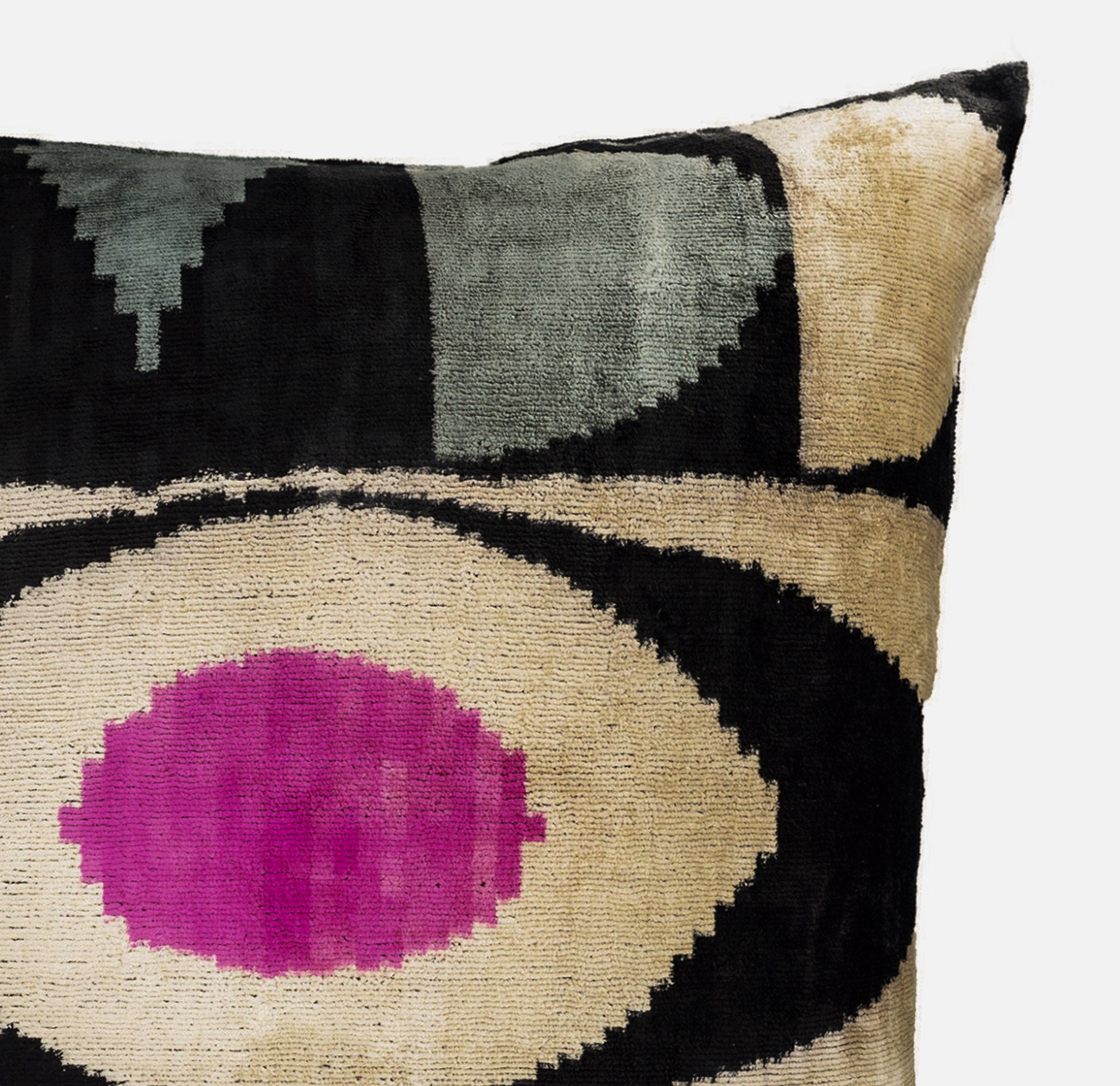 Eye of Ra silk velvet ikat pillow cover 24x24 with pink center and geometric pattern on linen background