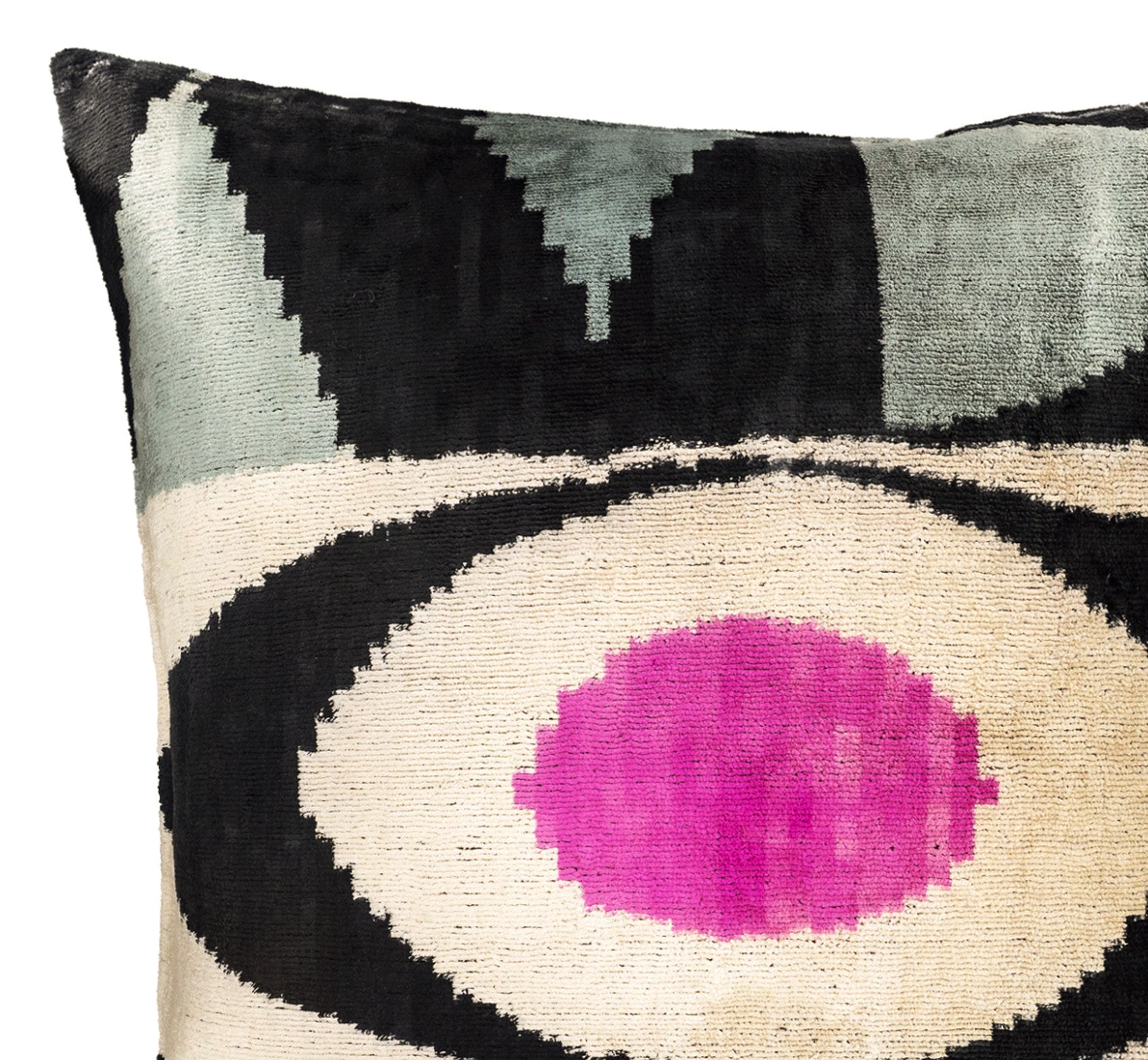 Eye of Ra silk velvet ikat pillow cover 24x24 with pink center and geometric pattern on natural fabric background