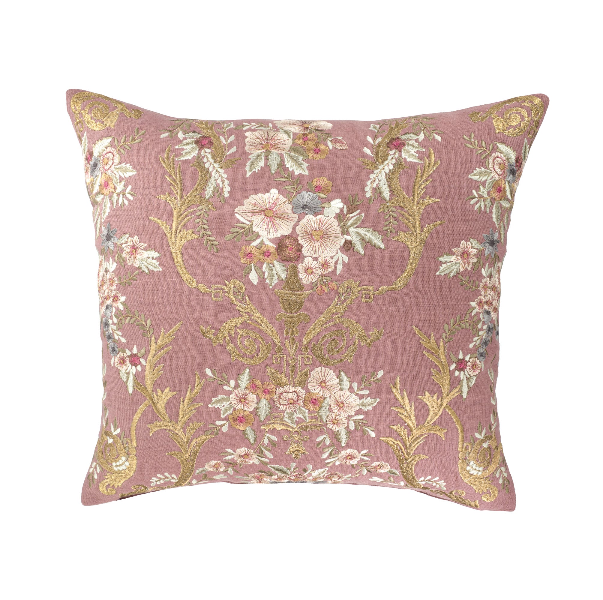 Hand-embroidered linen throw pillow cover featuring intricate Fontainebleau floral motifs in gold, blue, pink, cream, gray and burgundy silk threads on a rich soft rose background by ChouChou Touch