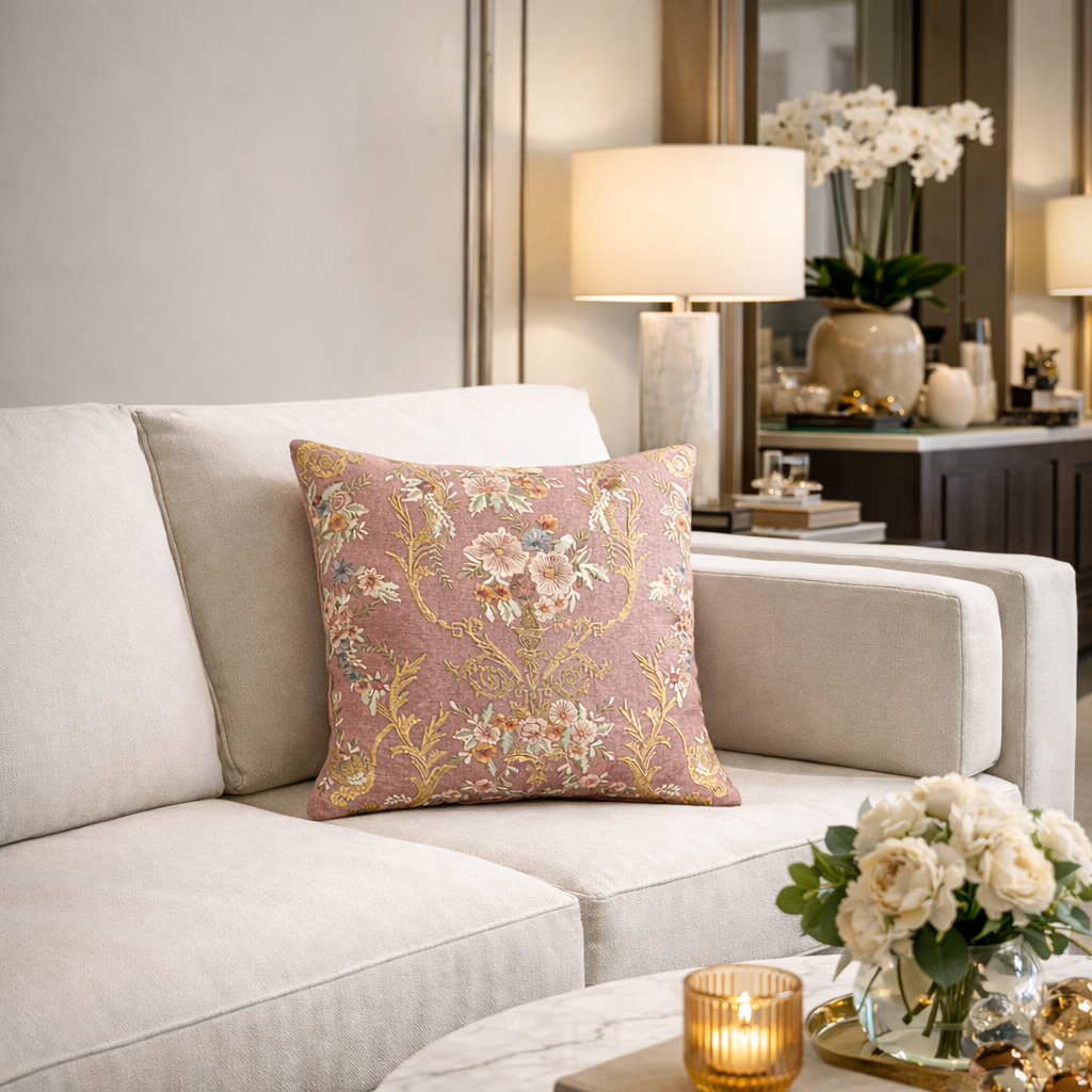 Blush pink floral embroidered linen throw pillow styled on a beige sofa in a modern luxury living room