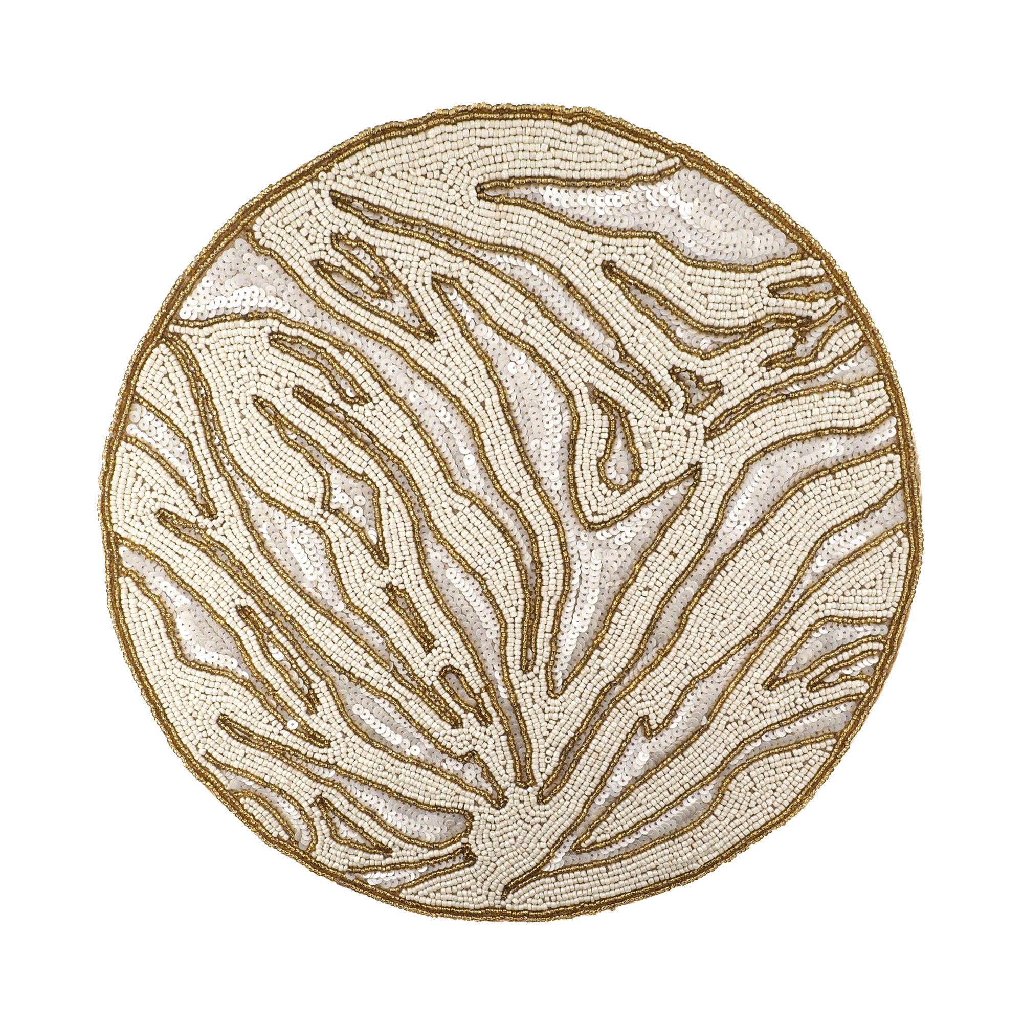 Handmade gold and ivory glass beaded placemat with on a white background by ChouChou Touch