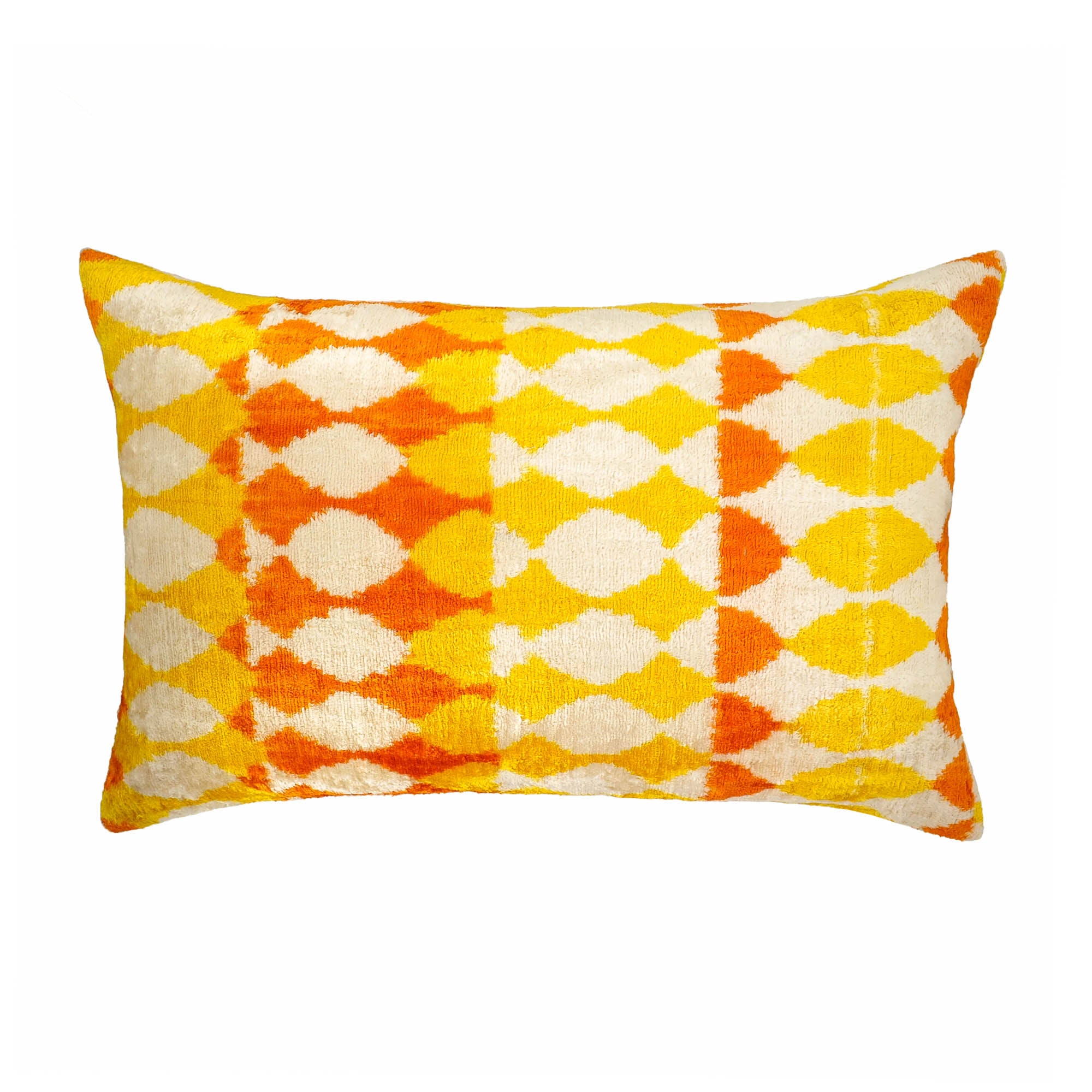 Chouchou Touch Giallo Silk Velvet Throw Pillow Cover, 16 x 24, featuring intricate yellow Ikat patterns and soft velvet fabric for a luxurious home decor accent.