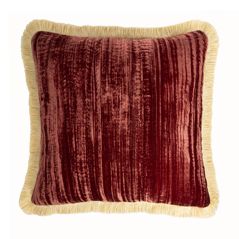 Gold Fringed Red Silk Velvet Throw Pillow 20" X 20"