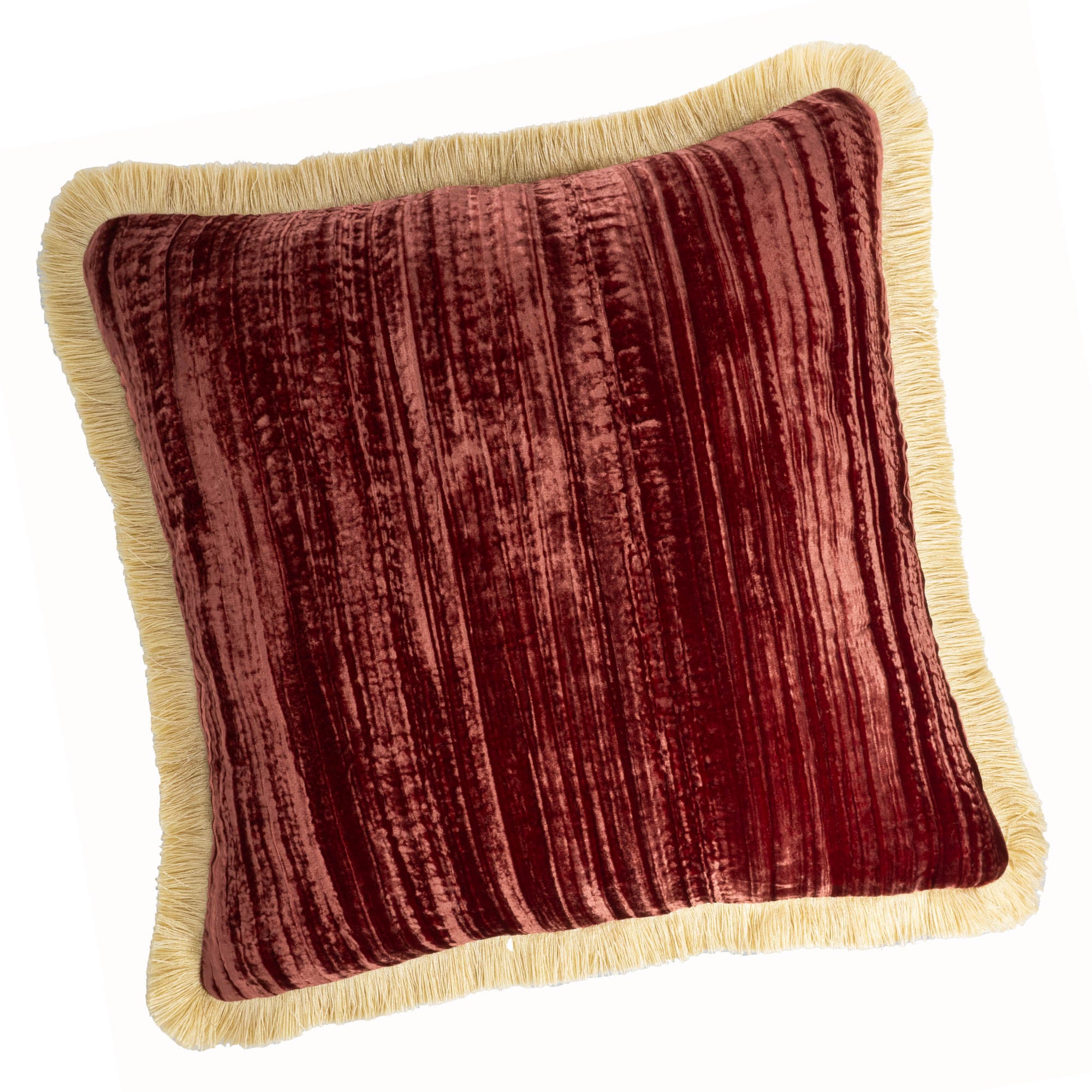 Chouchou Touch 20" x 20" red throw pillow with a soft silk velvet texture and handmade gold fringes.
