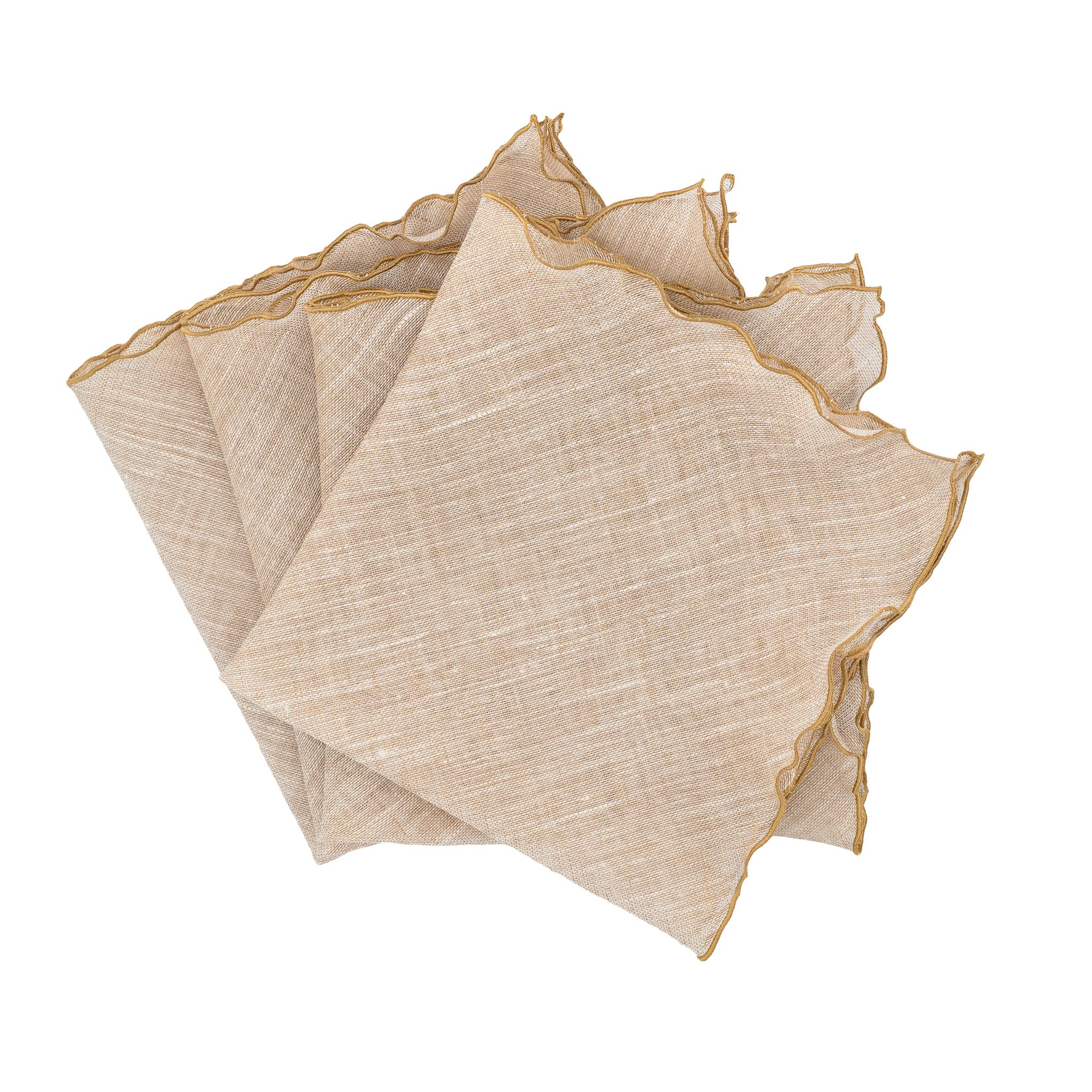 Set of 4 gold linen napkins with gold ruffled edges on a 21x21-inch tabletop, handcrafted for luxury dining.