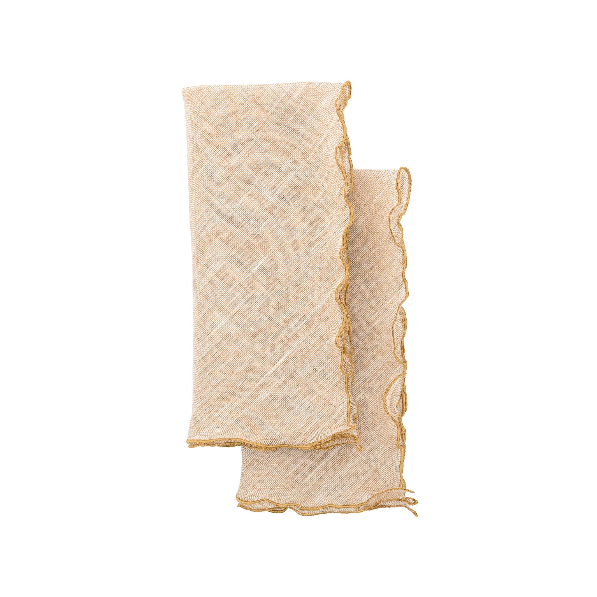 Luxurious 100% linen napkins in gold with delicate ruffled edges, designed for high-end table decor.