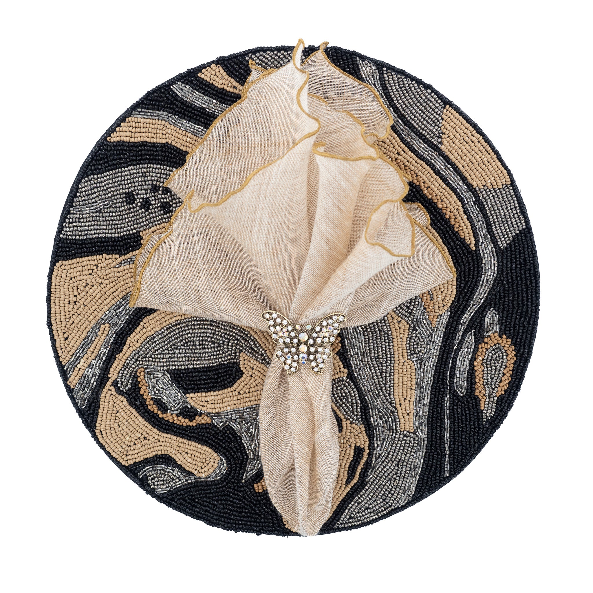 Gold linen napkin set, 21x21 inches, with gold ruffled edges for a sophisticated tabletop look.