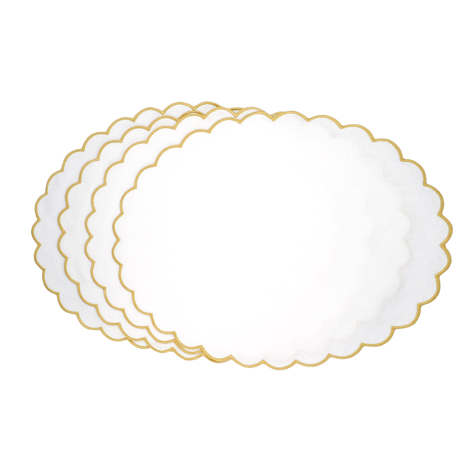 Elegant gold linen scalloped placemats, set of 4, handmade from 100% high-grade linen with gold stitch detailing, designed by ChouChou Touch.