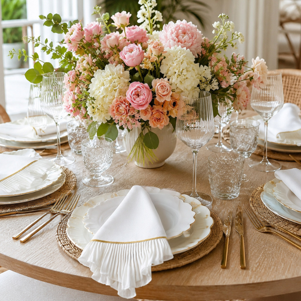 A beautifully styled dining table setting featuring a large floral centerpiece with pink, peach, and white flowers in a white vase. The table is set with white scalloped plates, white napkins with gold trim, clear textured glassware, and gold flatware on woven placemats.