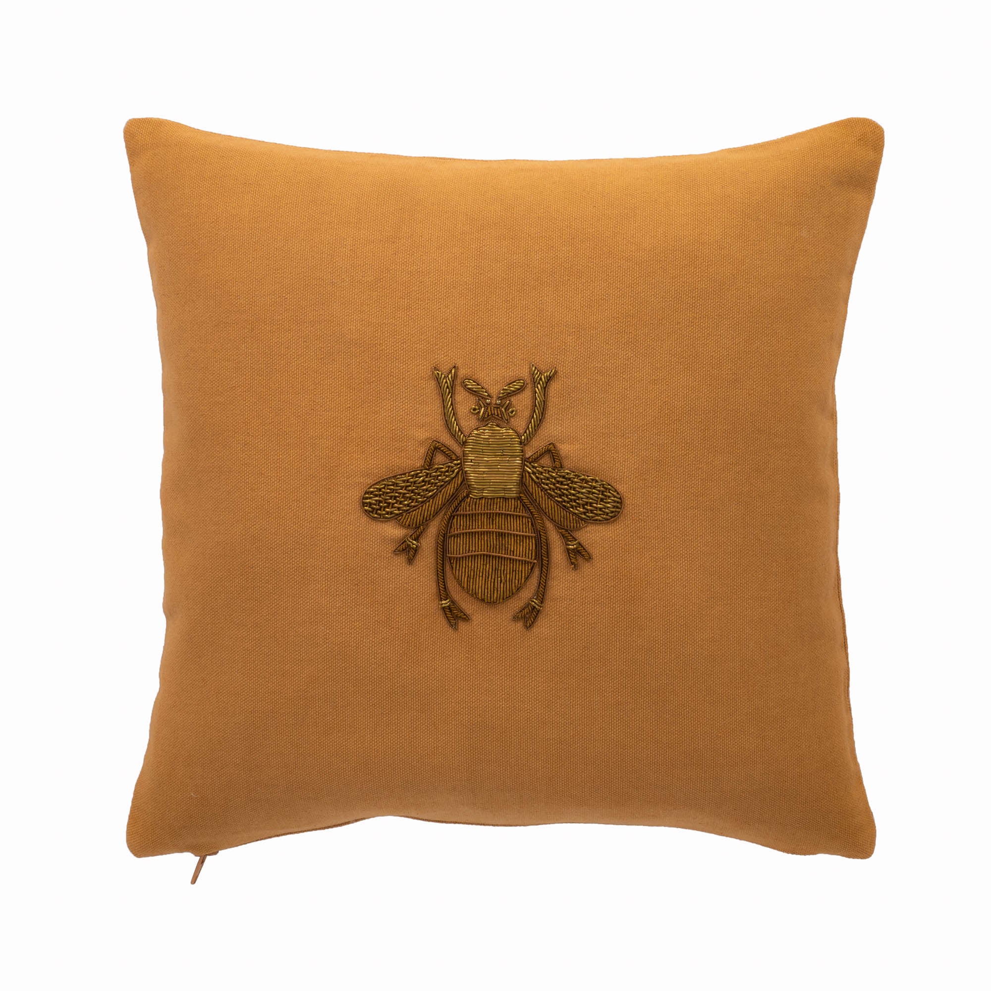 Chouchou Touch 12" x 12" Golden Bee Pillow Cover, hand-embroidered with golden metal bees, ideal for luxury interior styling.