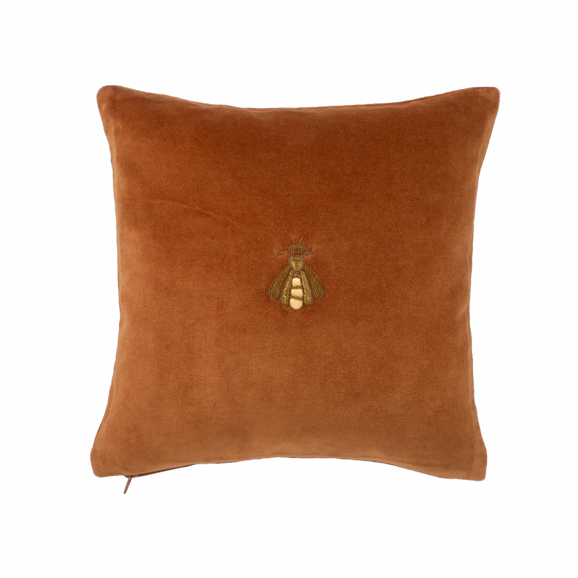 Chouchou Touch Golden Bee Pillow Cover, 12" x 12", made of red silk velvet with golden metal embroidery, perfect for a regal look.