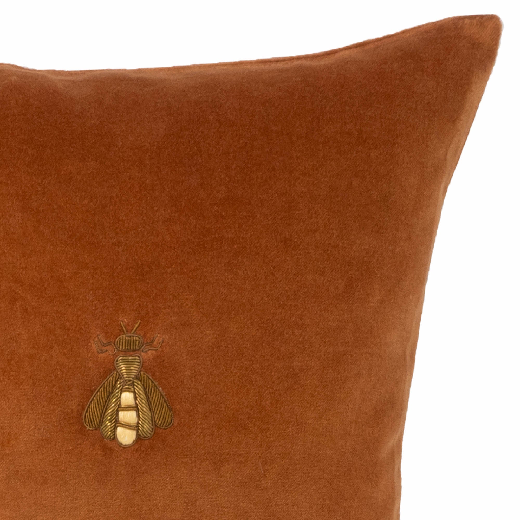 Elegant Golden Bee Silk Velvet Throw Pillow, 12" x 12", with golden metal embroidery, adding a luxurious touch to your home furnishings.