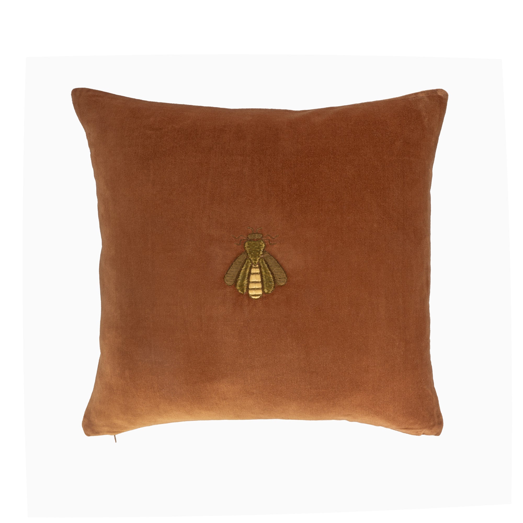 Front view of luxury velvet cushion with antique gold bee embroidery, warm orange backdrop, on a white background, 20 inch, made premium quality by ChouChou Touch