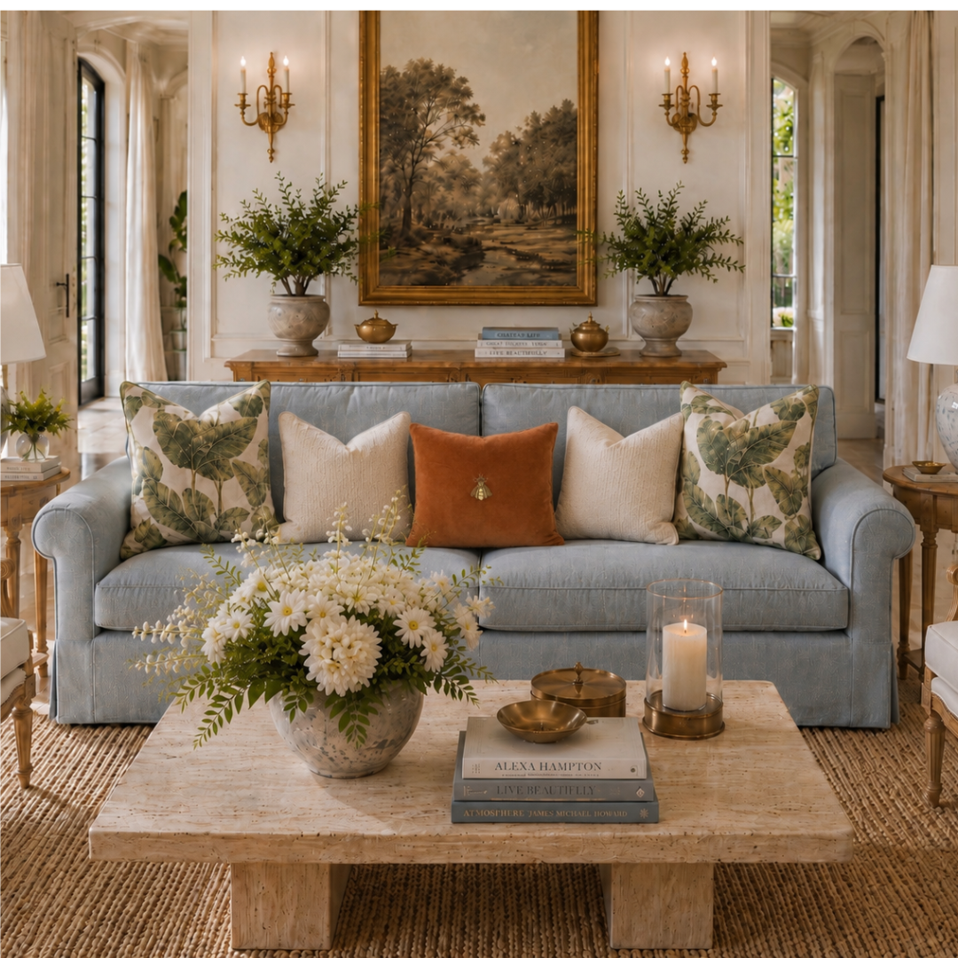 Luxury golden bee embroidered silk velvet throw pillow styled on a blue sofa, surrounded by botanical accent pillows in an elegant designer living room.