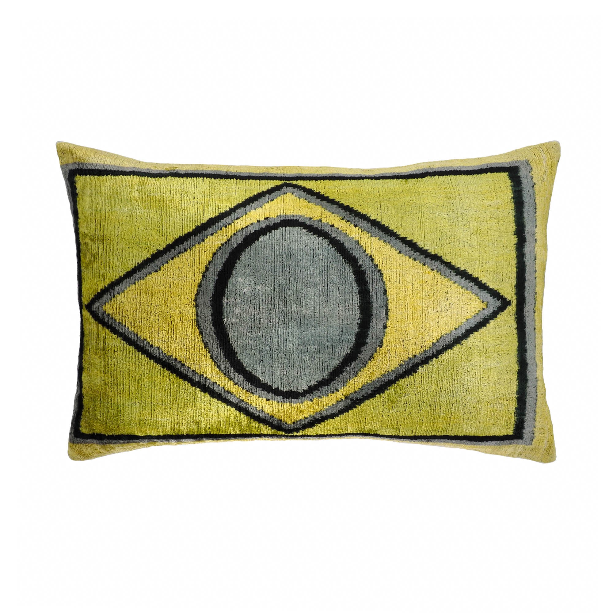 Chouchou Touch Golden Eye Silk Velvet Throw Pillow, 16 x 24, with stunning golden Ikat designs on smooth silk velvet, a perfect addition to any elegant home.