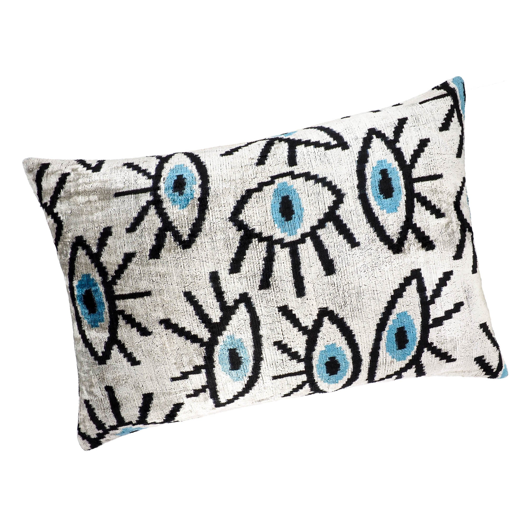 Chouchou Touch Gray Eyes Silk Velvet Ikat Pillow Cover, 16 x 24, with soft gray tie-dye Ikat patterns woven into high-quality silk velvet, adding elegance to your living room.