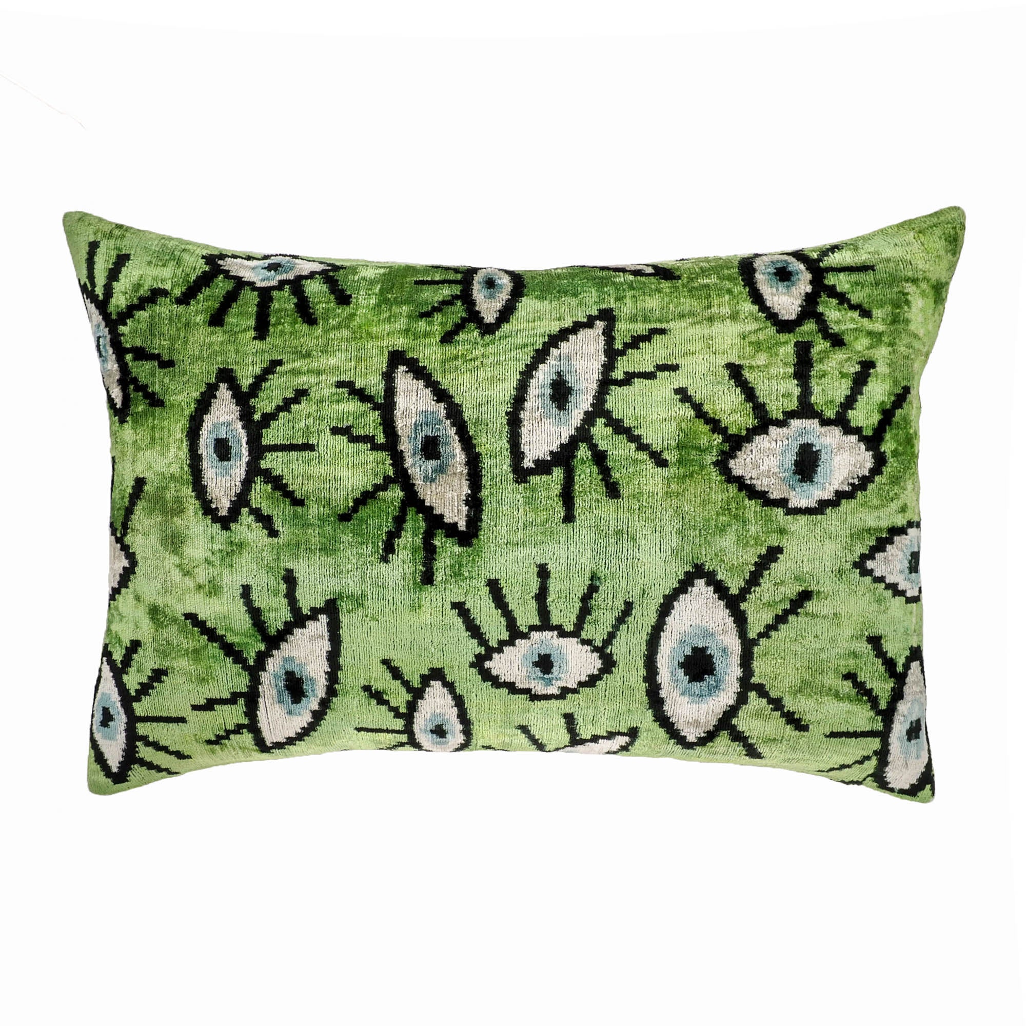 Green Eyes Silk Velvet Ikat Throw Pillow Cover, 16 x 24, showcasing handwoven Ikat patterns in stunning green hues, made from premium silk velvet for a luxurious touch.