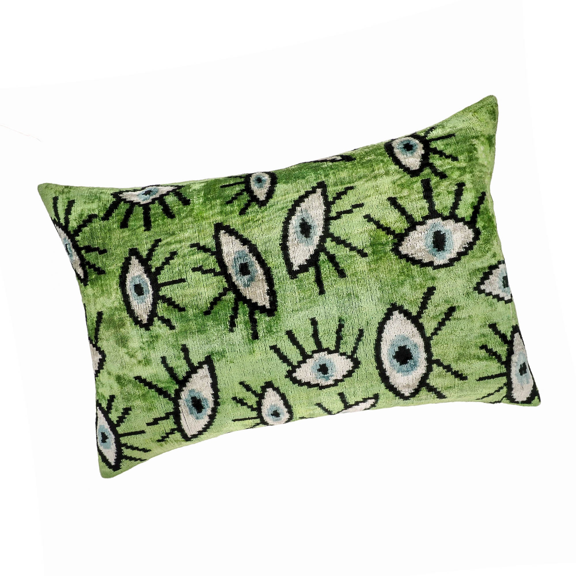 Chouchou Touch Green Eyes Silk Velvet Ikat Pillow Cover, 16 x 24, featuring vibrant green Ikat patterns on soft silk velvet, designed to enhance your home with timeless beauty.