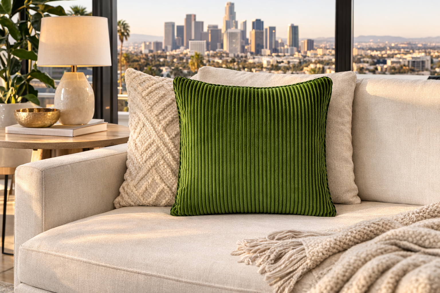 Green velvet throw pillow cover 18x18 with ribbed texture on a beige sofa in a modern living room with city view