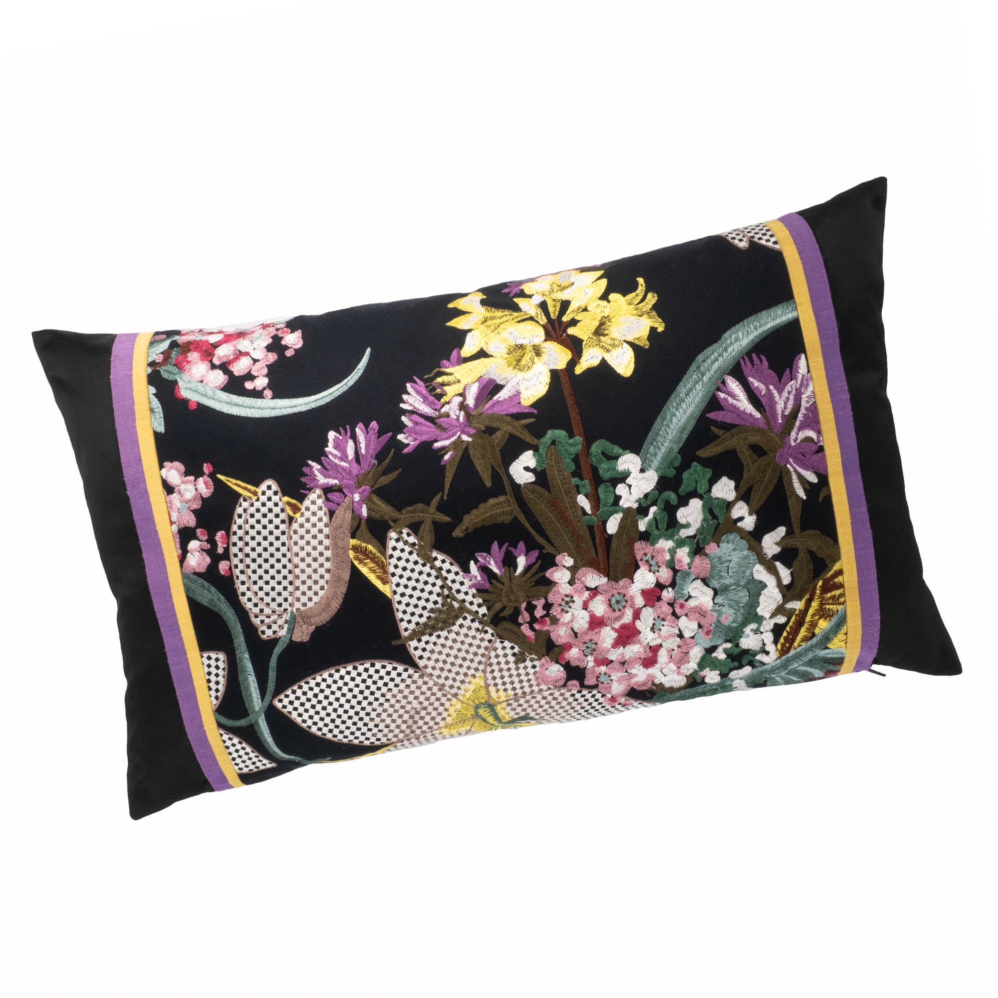 Chouchou Touch Hasu Throw Pillow Cover, 12" x 20", crafted with satin and cotton fabric, featuring delicate hand-embroidered floral patterns.