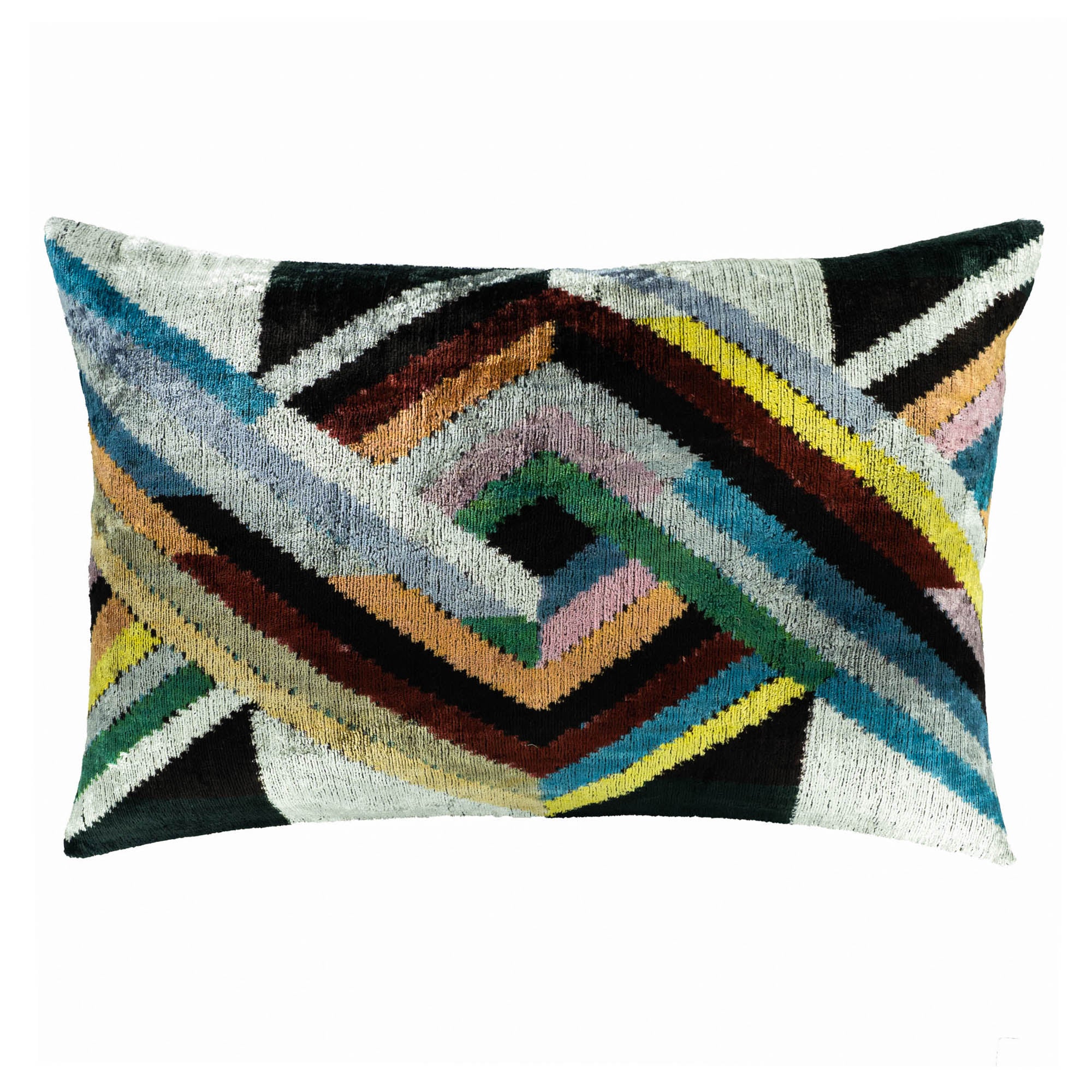 Icarus Ikat throw pillow crafted from 100% silk velvet, showcasing a vibrant pattern with a modern twist in rich tones.
