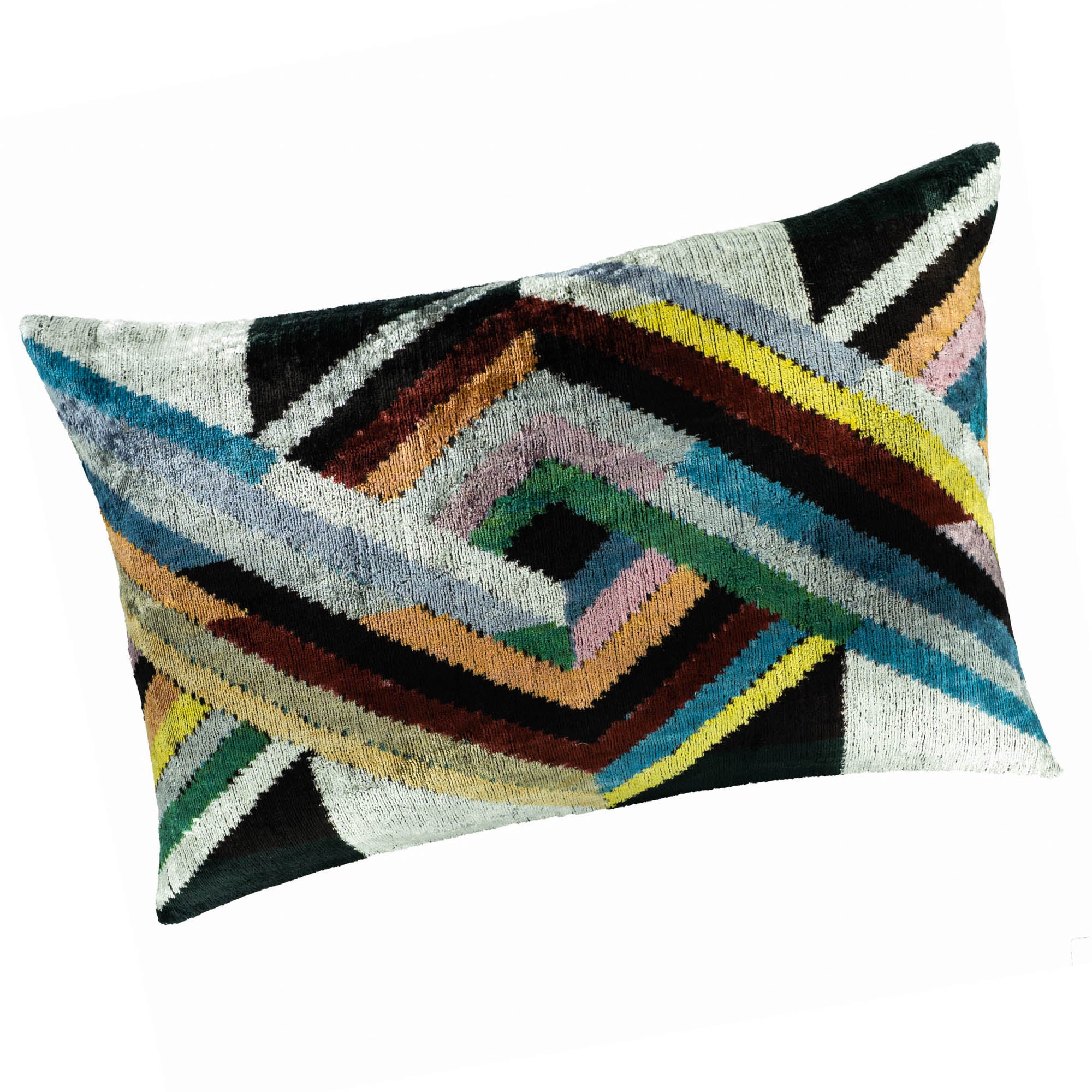 Decorative 16" x 24" Icarus pillow cover with a handwoven silk velvet texture and dynamic zigzag geometric patterns.
