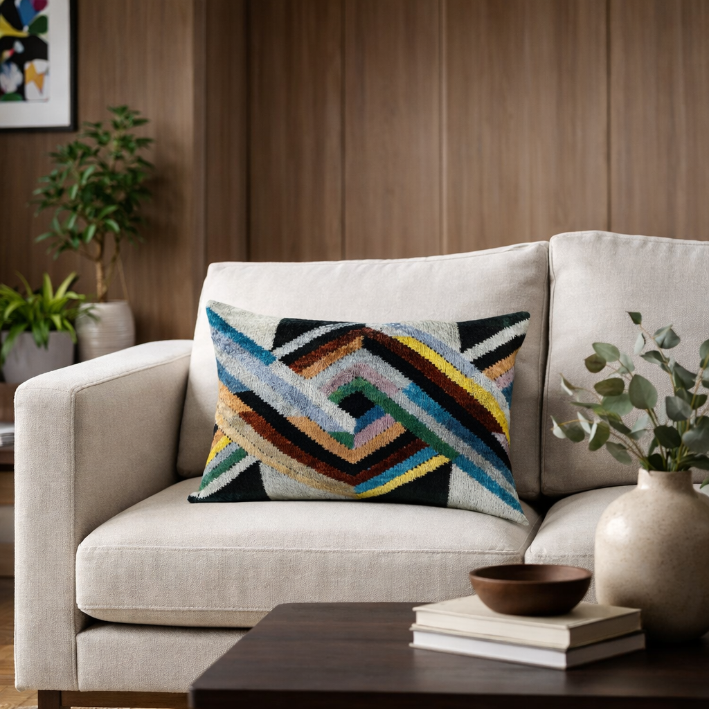 decorative silk velvet ikat lumbar pillow on a neutral sofa in a modern living room with wooden wall and plants, colorful geometric pattern accent cushion styling