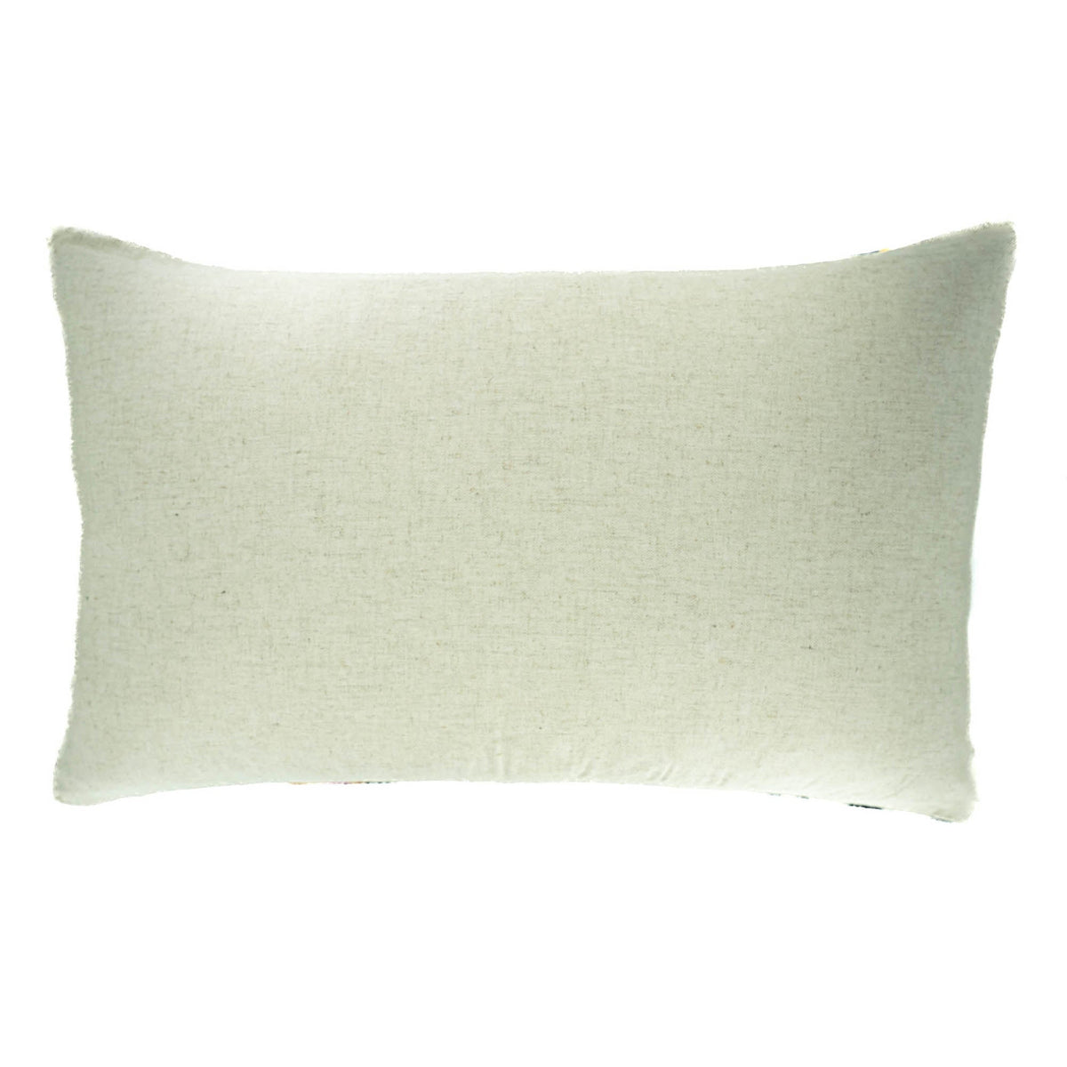 Natural linen back of Soho Light silk velvet ikat pillow cover with concealed zipper closure.