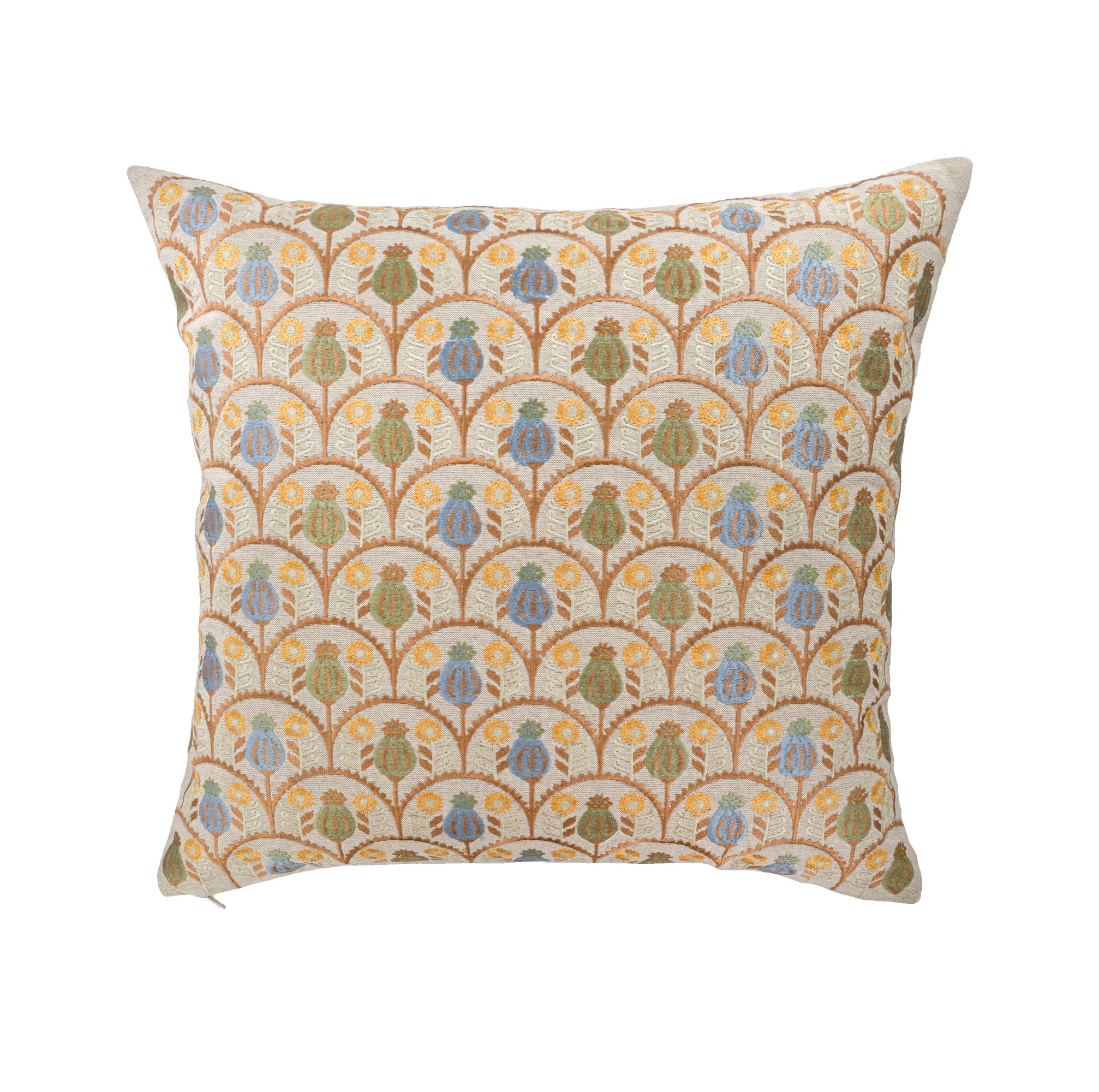 Hand-embroidered throw pillow cover featuring intricate botanical floral motifs in earthy terra-cotta and soft blue tones by ChouChou Touch