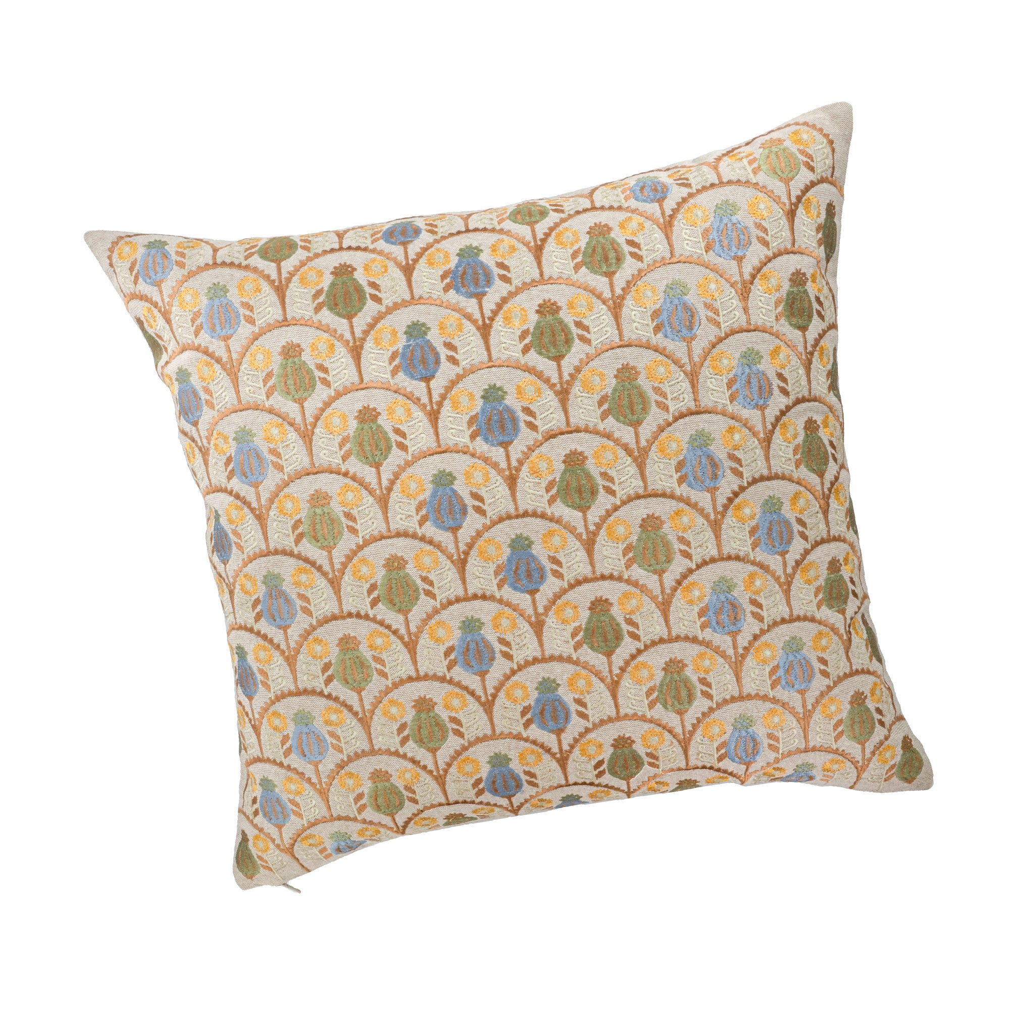 Hand-embroidered linen throw pillow featuring silk floral motifs in earth tones and blue.