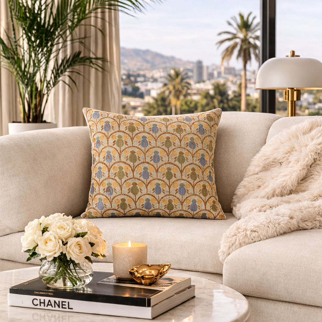 luxury embroidered decorative  throw pillow in blue and gold pattern on cream sofa modern living room decor with marble coffee table and city view