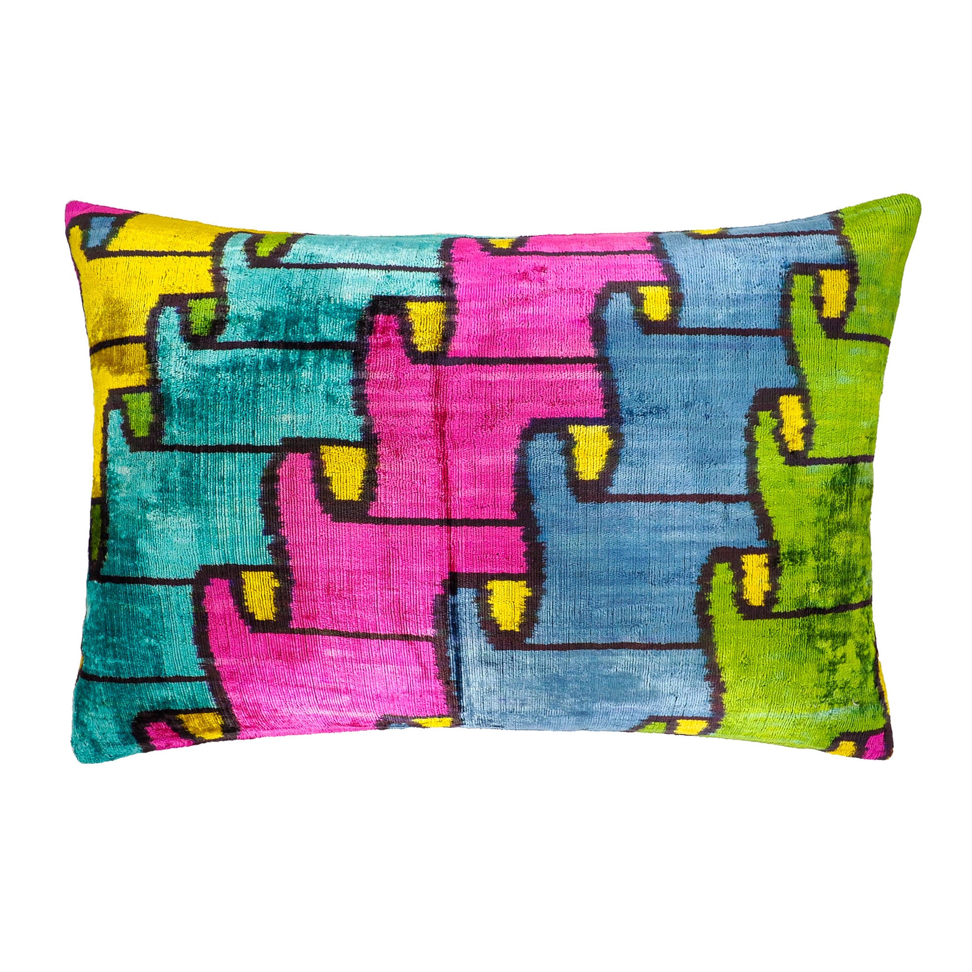 Jigsaw Silk Velvet Ikat Throw Pillow Cover, 16 x 24, combining modern jigsaw motifs with the elegance of silk velvet, perfect for a stylish and tactile home accent.