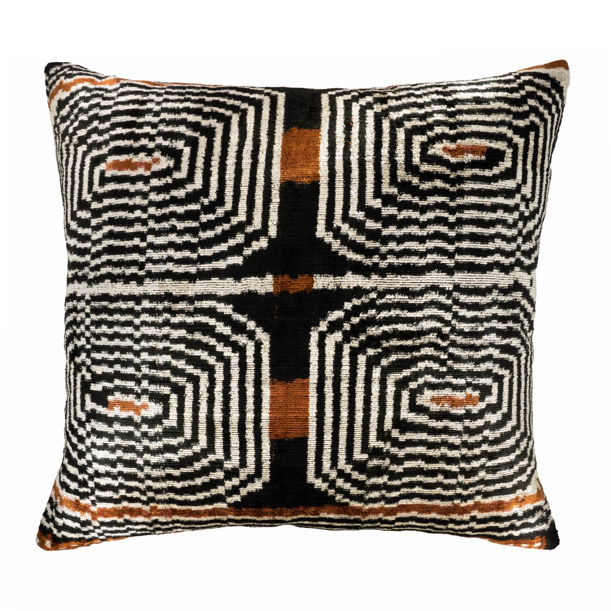 Handwoven silk velvet Labyrinth Ikat pillow cover, featuring bold patterns for a striking home decor piece.
